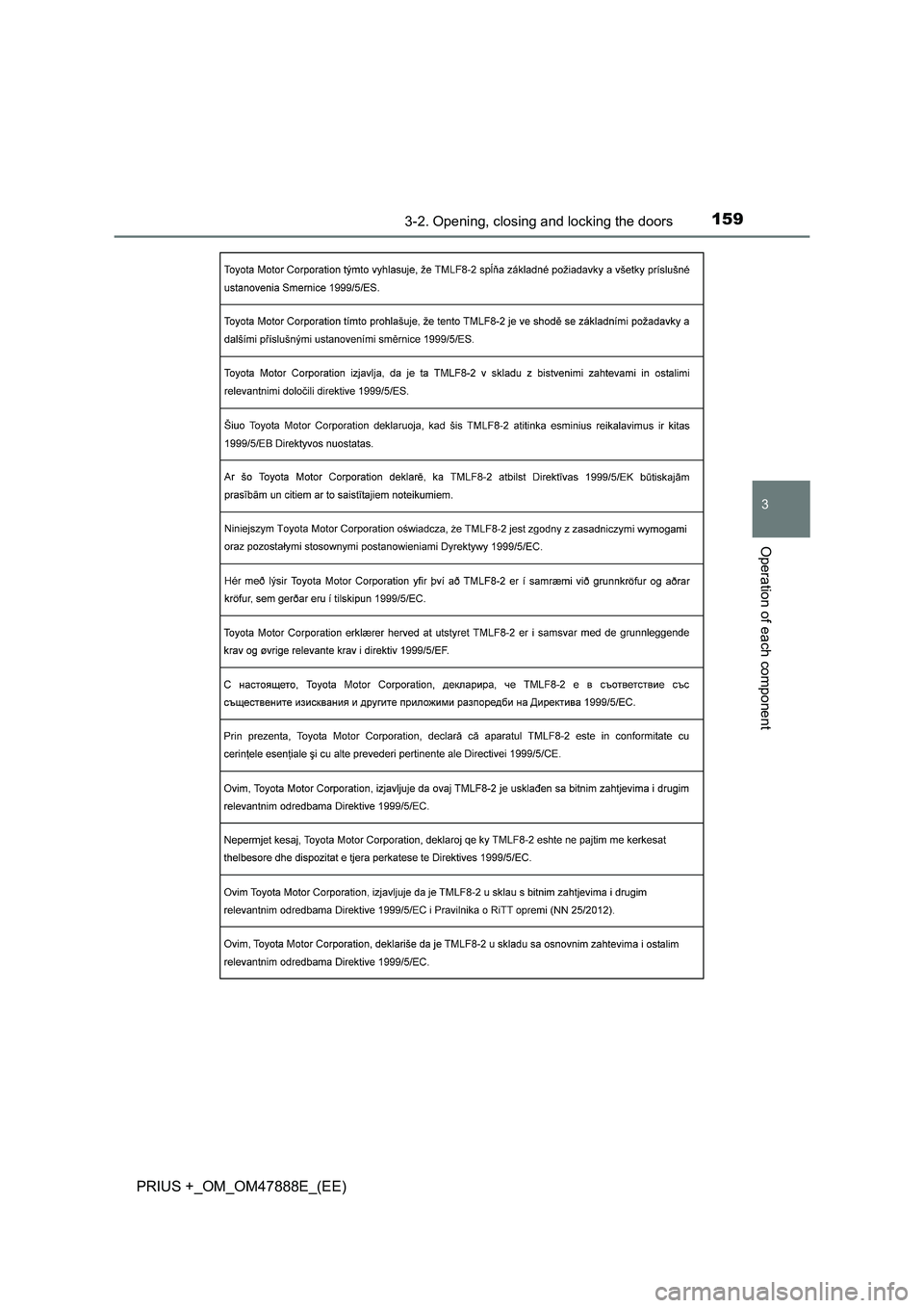 TOYOTA PRIUS PLUS 2014  Owners Manual 1593-2. Opening, closing and locking the doors
3
Operation of each component
PRIUS +_OM_OM47888E_(EE) 