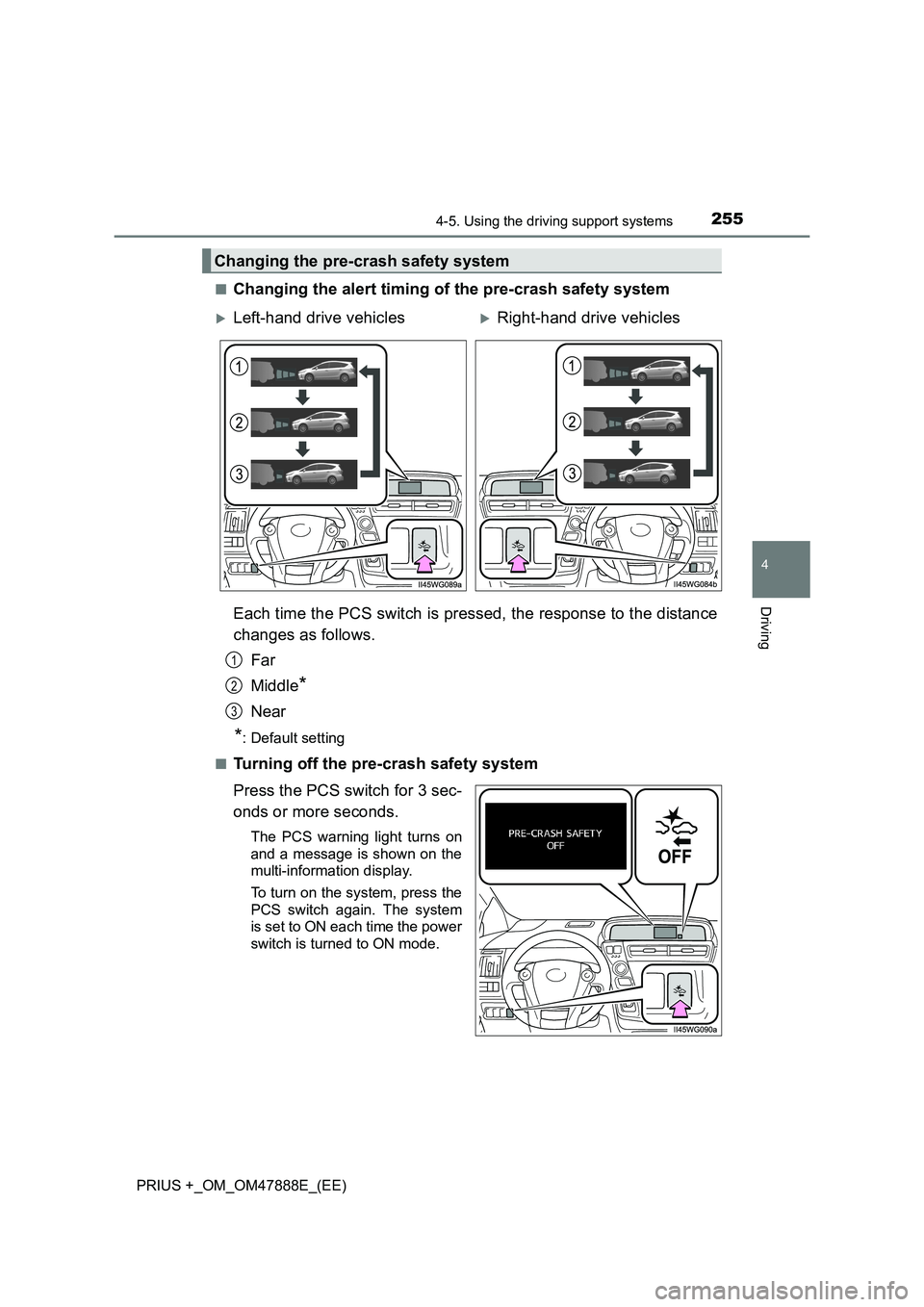 TOYOTA PRIUS PLUS 2014  Owners Manual 2554-5. Using the driving support systems
4
Driving
PRIUS +_OM_OM47888E_(EE)■
Changing the alert timing of the pre-crash safety system
Each time the PCS switch is pressed, the response to the distan