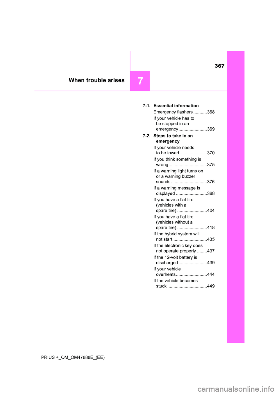 TOYOTA PRIUS PLUS 2014  Owners Manual 367
7When trouble arises
PRIUS +_OM_OM47888E_(EE)7-1. Essential information
Emergency flashers ........... 368
If your vehicle has to be stopped in an 
emergency ....................... 369
7-2. Steps
