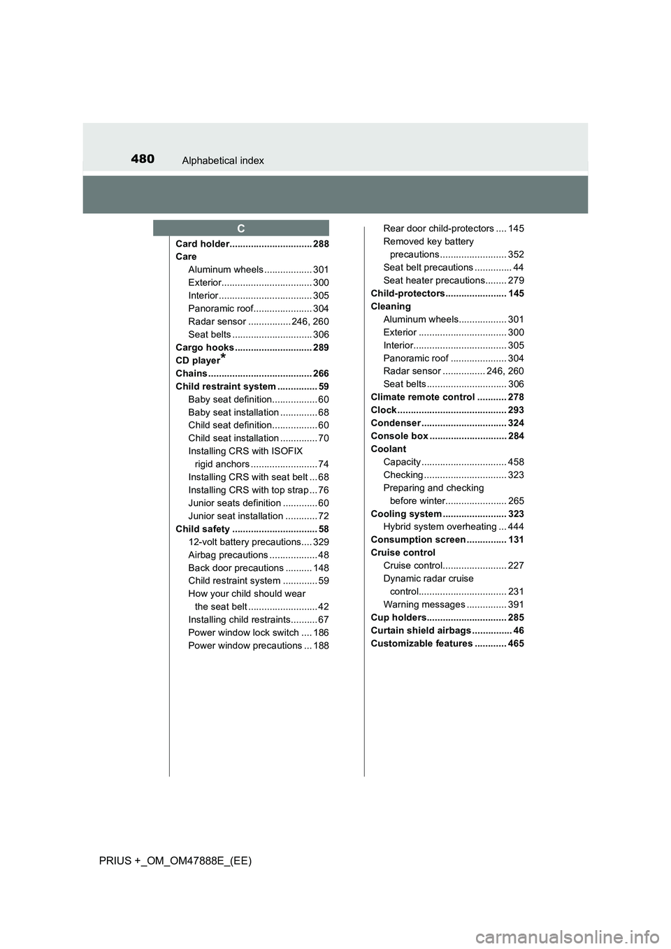 TOYOTA PRIUS PLUS 2014  Owners Manual 480Alphabetical index
PRIUS +_OM_OM47888E_(EE)
Card holder............................... 288
CareAluminum wheels .................. 301
Exterior.................................. 300
Interior .......
