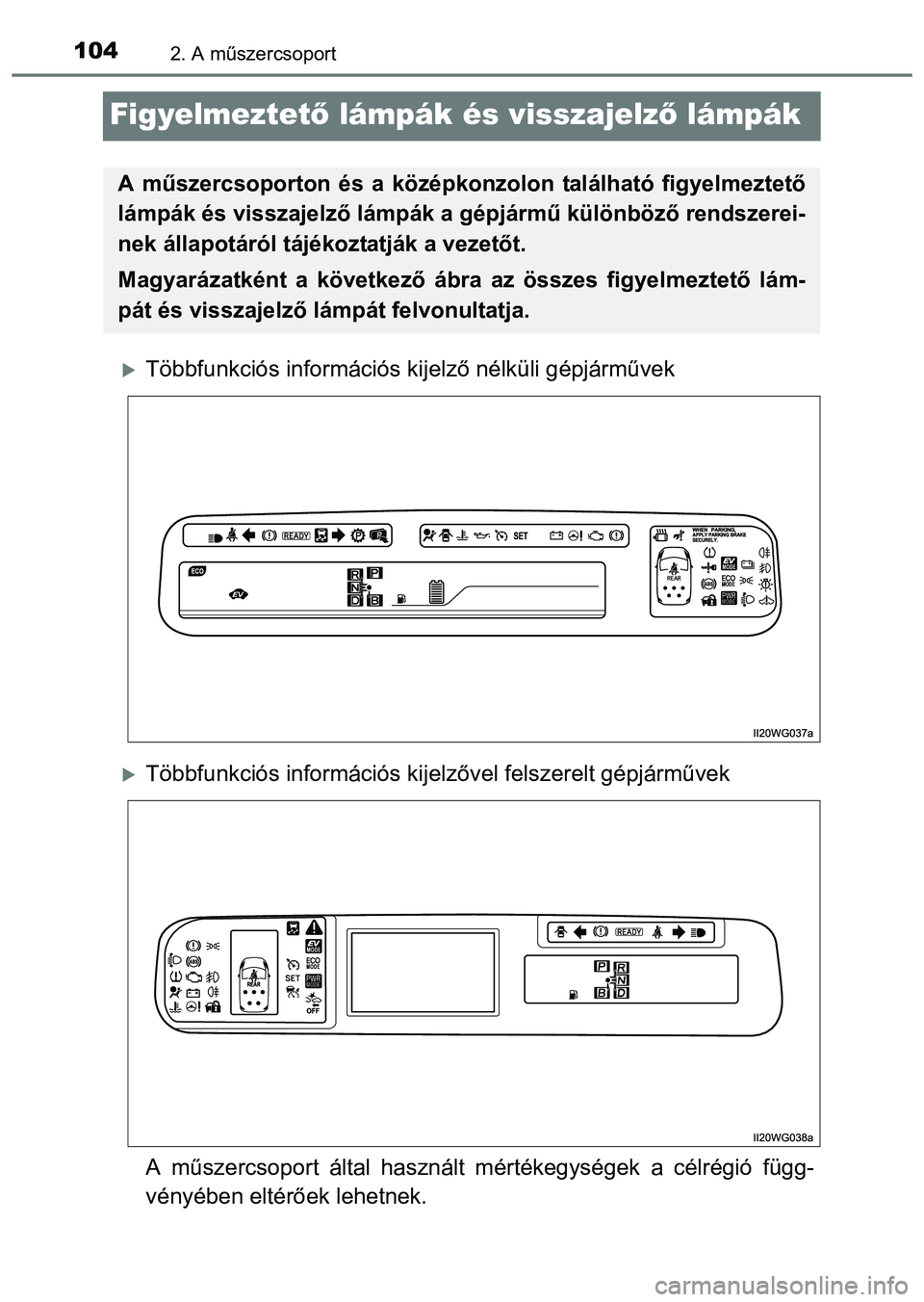 TOYOTA PRIUS PLUS 2014 Kezelési útmutató (in Hungarian) 1042. A műszercsoport
Figyelmeztető lámpák és visszajelző lámpák
Többfunkciós információs kijelző nélküli gépjárművek
Többfunkciós információs kijelzővel felszerelt gépj TOYOTA PRIUS PLUS 2014 Kezelési útmutató (in Hungarian) 1042. A műszercsoport
Figyelmeztető lámpák és visszajelző lámpák
Többfunkciós információs kijelző nélküli gépjárművek
Többfunkciós információs kijelzővel felszerelt gépj