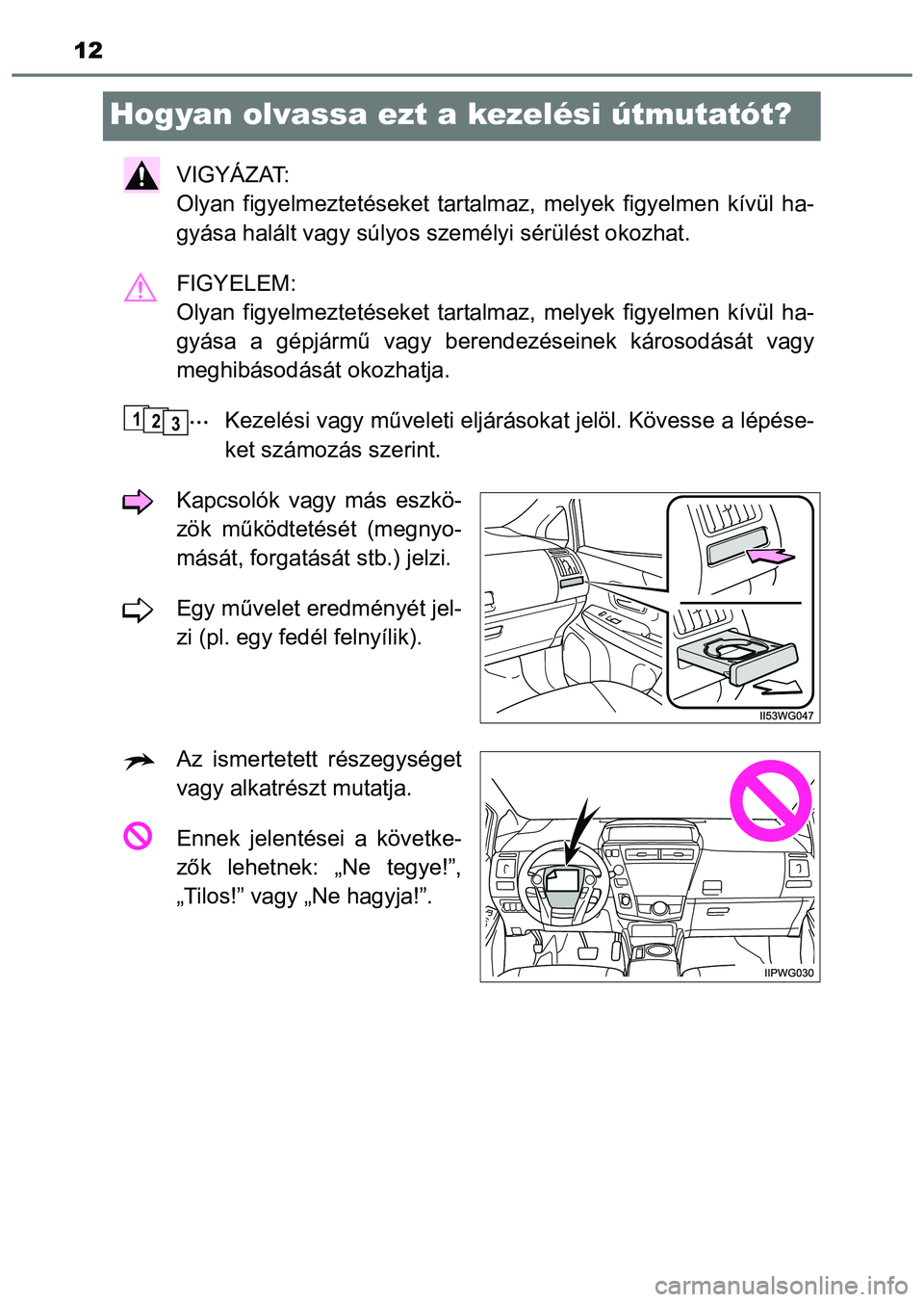 TOYOTA PRIUS PLUS 2014 Kezelési útmutató (in Hungarian) 12
Hogyan olvassa ezt a kezelési útmutatót?
VIGYÁZAT:
Olyan figyelmeztetéseket tartalmaz, melyek figyelmen kívül ha-
gyása halált vagy súlyos személyi sérülést okozhat.
FIGYELEM:
Olyan TOYOTA PRIUS PLUS 2014 Kezelési útmutató (in Hungarian) 12
Hogyan olvassa ezt a kezelési útmutatót?
VIGYÁZAT:
Olyan figyelmeztetéseket tartalmaz, melyek figyelmen kívül ha-
gyása halált vagy súlyos személyi sérülést okozhat.
FIGYELEM:
Olyan