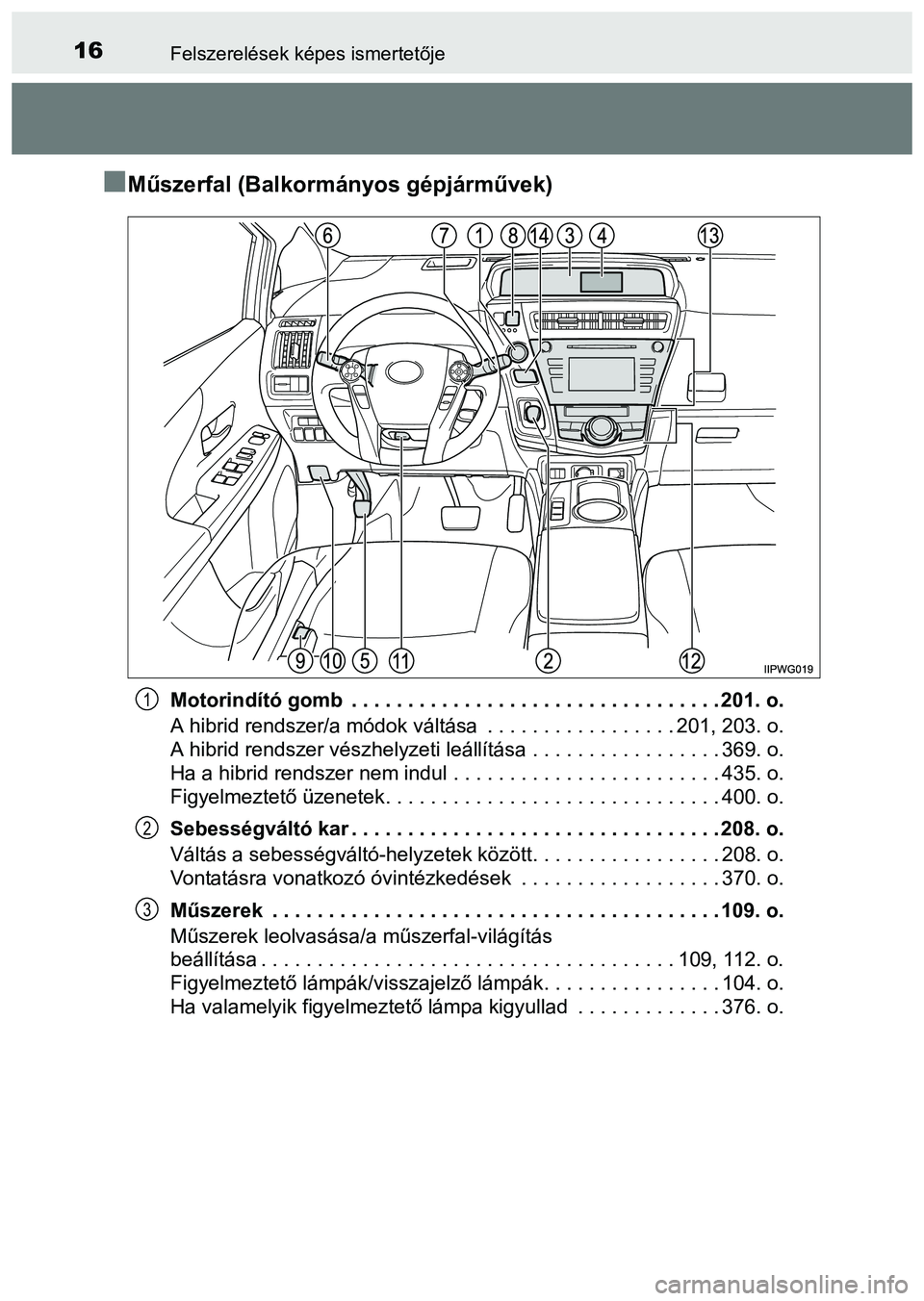 TOYOTA PRIUS PLUS 2014 Kezelési útmutató (in Hungarian) 16Felszerelések képes ismertetője
Műszerfal (Balkormányos gépjárművek)
Motorindító gomb . . . . . . . . . . . . . . . . . . . . . . . . . . . . . . . . . 201. o.
A hibrid rendszer/a mód TOYOTA PRIUS PLUS 2014 Kezelési útmutató (in Hungarian) 16Felszerelések képes ismertetője
Műszerfal (Balkormányos gépjárművek)
Motorindító gomb . . . . . . . . . . . . . . . . . . . . . . . . . . . . . . . . . 201. o.
A hibrid rendszer/a mód