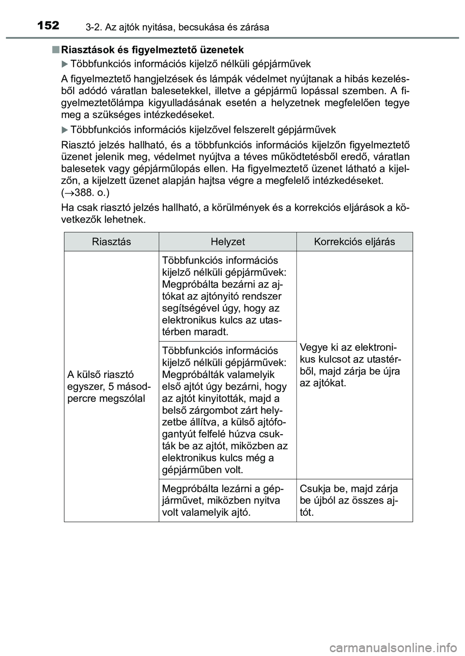 TOYOTA PRIUS PLUS 2014 Kezelési útmutató (in Hungarian) 1523-2. Az ajtók nyitása, becsukása és zárása
Riasztások és figyelmeztető üzenetek
Többfunkciós információs kijelző nélküli gépjárművek
A figyelmeztető hangjelzések és lá TOYOTA PRIUS PLUS 2014 Kezelési útmutató (in Hungarian) 1523-2. Az ajtók nyitása, becsukása és zárása
Riasztások és figyelmeztető üzenetek
Többfunkciós információs kijelző nélküli gépjárművek
A figyelmeztető hangjelzések és lá