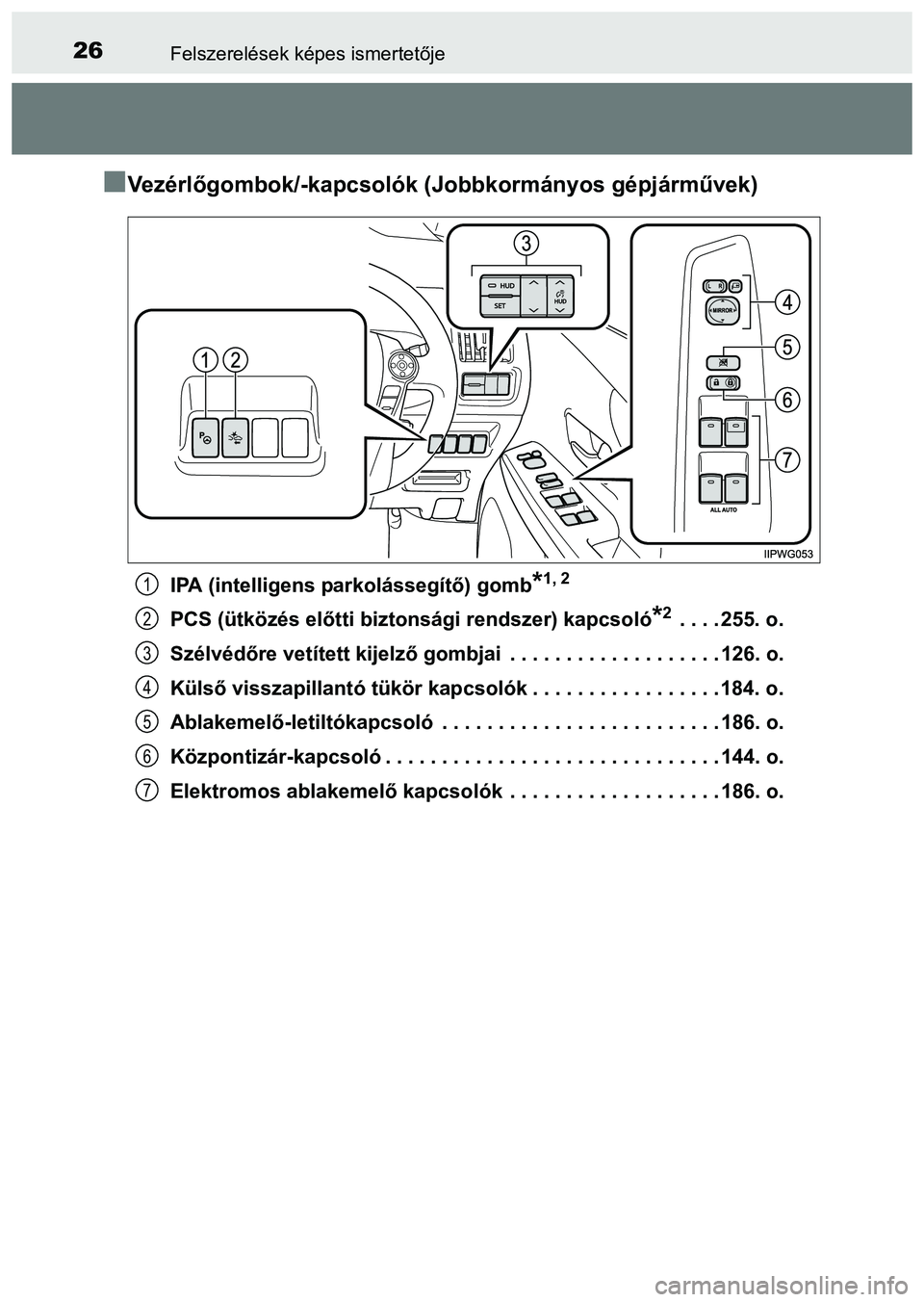 TOYOTA PRIUS PLUS 2014 Kezelési útmutató (in Hungarian) 26Felszerelések képes ismertetője
Ve z é r lőgombok/-kapcsolók (Jobbkormányos gépjárművek)
IPA (intelligens parkolássegítő) gomb*1, 2
PCS (ütközés előtti biztonsági rendszer) kapc TOYOTA PRIUS PLUS 2014 Kezelési útmutató (in Hungarian) 26Felszerelések képes ismertetője
Ve z é r lőgombok/-kapcsolók (Jobbkormányos gépjárművek)
IPA (intelligens parkolássegítő) gomb*1, 2
PCS (ütközés előtti biztonsági rendszer) kapc