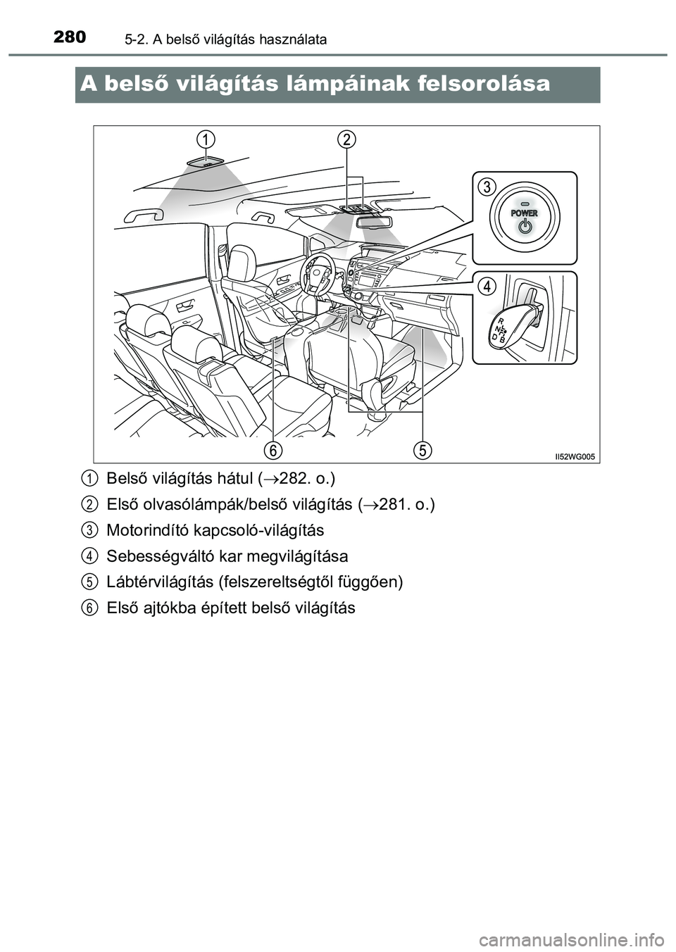TOYOTA PRIUS PLUS 2014 Kezelési útmutató (in Hungarian) 2805-2. A belső világítás használata
A belső világítás lámpáinak felsorolása
Belső világítás hátul (282. o.)
Első olvasólámpák/belső világítás (281. o.)
Motorindító ka TOYOTA PRIUS PLUS 2014 Kezelési útmutató (in Hungarian) 2805-2. A belső világítás használata
A belső világítás lámpáinak felsorolása
Belső világítás hátul (282. o.)
Első olvasólámpák/belső világítás (281. o.)
Motorindító ka