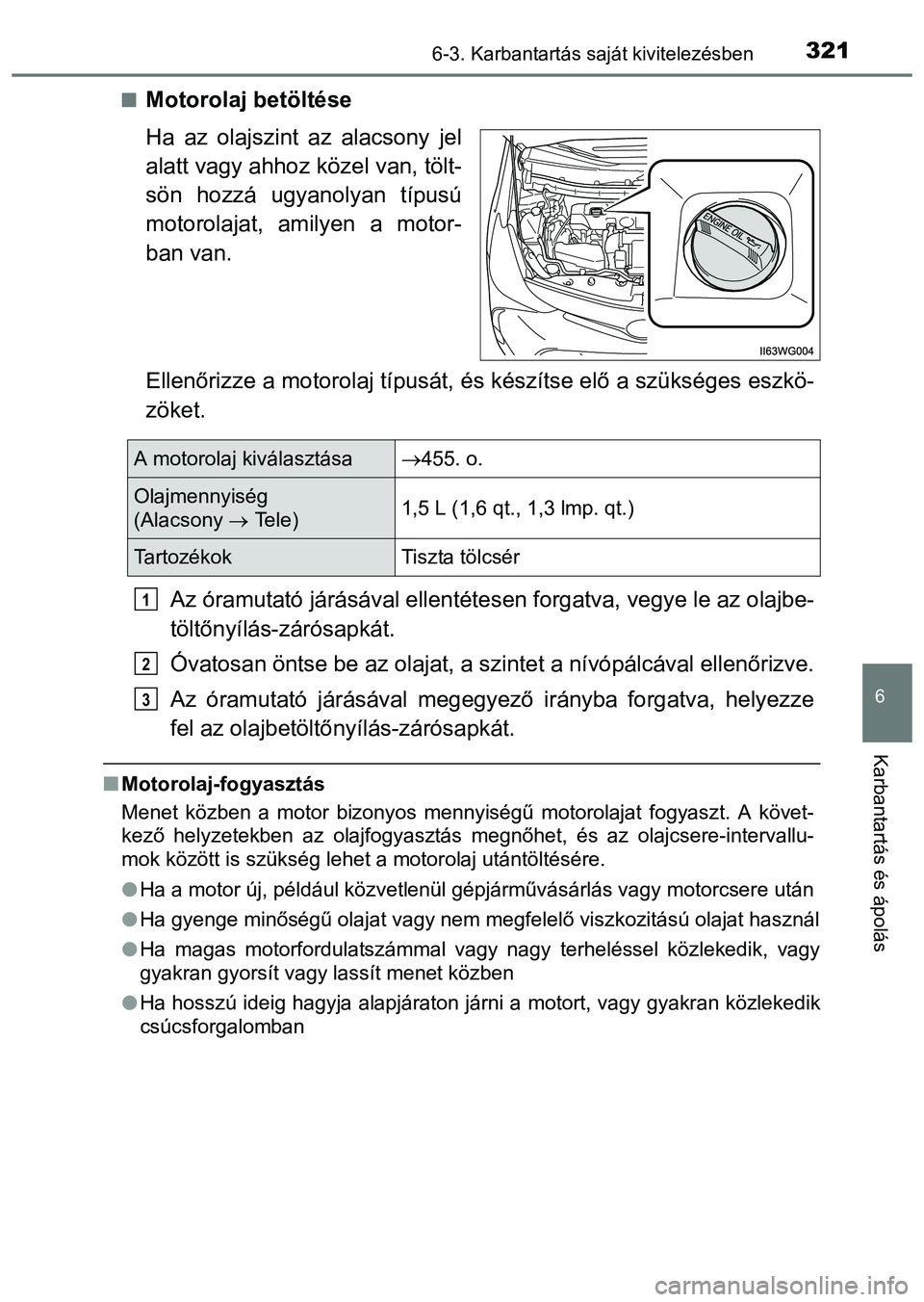 TOYOTA PRIUS PLUS 2014 Kezelési útmutató (in Hungarian) 3216-3. Karbantartás saját kivitelezésben
6
Karbantartás és ápolás
Motorolaj betöltése
Ha az olajszint az alacsony jel
alatt vagy ahhoz közel van, tölt-
sön hozzá ugyanolyan típusú
m TOYOTA PRIUS PLUS 2014 Kezelési útmutató (in Hungarian) 3216-3. Karbantartás saját kivitelezésben
6
Karbantartás és ápolás
Motorolaj betöltése
Ha az olajszint az alacsony jel
alatt vagy ahhoz közel van, tölt-
sön hozzá ugyanolyan típusú
m