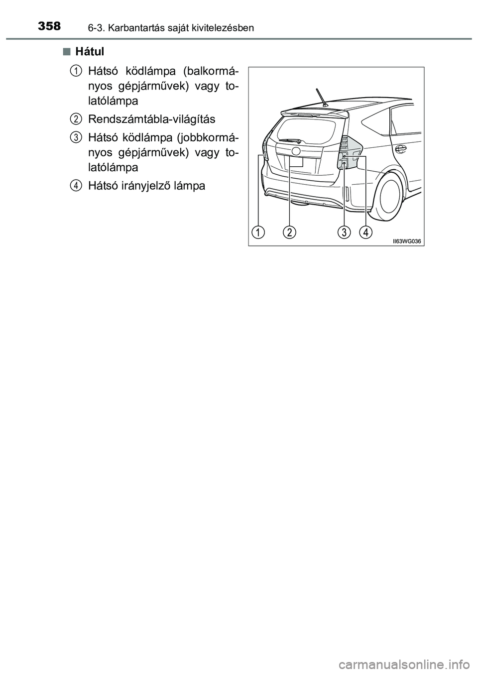 TOYOTA PRIUS PLUS 2014  Kezelési útmutató (in Hungarian) 3586-3. Karbantartás saját kivitelezésben
Hátul
Hátsó ködlámpa (balkormá-
nyos gépjárművek) vagy to-
latólámpa
Rendszámtábla-világítás
Hátsó ködlámpa (jobbkormá-
nyos gépj