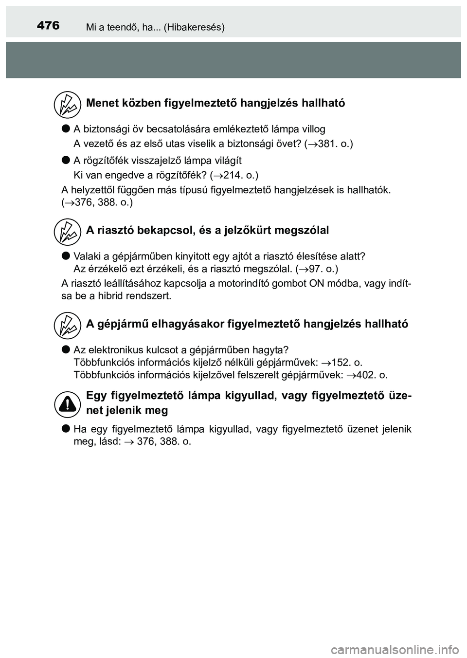 TOYOTA PRIUS PLUS 2014 Kezelési útmutató (in Hungarian) 476Mi a teendő, ha... (Hibakeresés)
A biztonsági öv becsatolására emlékeztető lámpa villog
A vezető és az első utas viselik a biztonsági övet? (381. o.)
A rögzítőfék visszaj TOYOTA PRIUS PLUS 2014 Kezelési útmutató (in Hungarian) 476Mi a teendő, ha... (Hibakeresés)
A biztonsági öv becsatolására emlékeztető lámpa villog
A vezető és az első utas viselik a biztonsági övet? (381. o.)
A rögzítőfék visszaj
