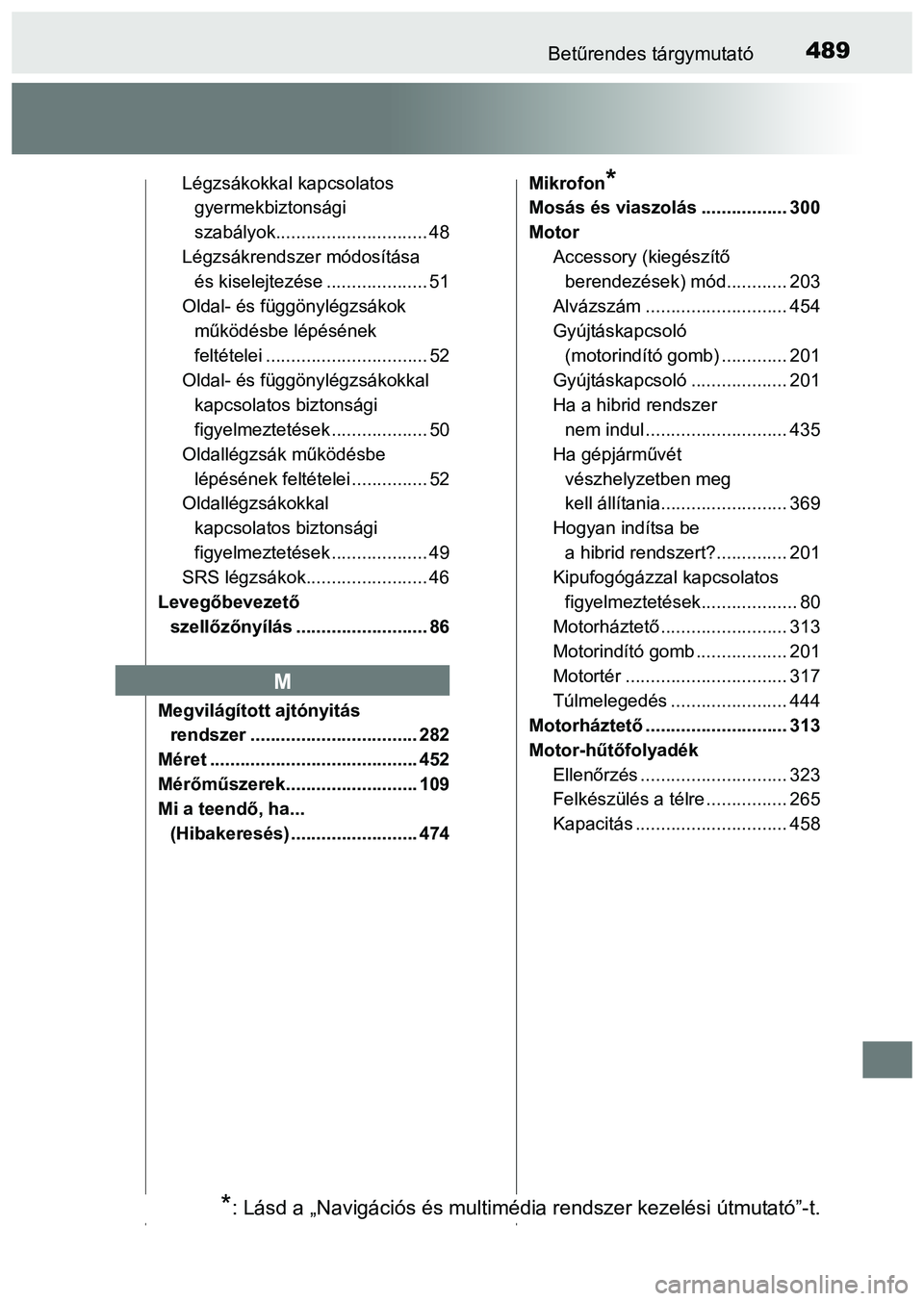 TOYOTA PRIUS PLUS 2014 Kezelési útmutató (in Hungarian) 489Betűrendes tárgymutató
Légzsákokkal kapcsolatos
gyermekbiztonsági
szabályok.............................. 48
Légzsákrendszer módosítása
és kiselejtezése .................... 51
Old TOYOTA PRIUS PLUS 2014 Kezelési útmutató (in Hungarian) 489Betűrendes tárgymutató
Légzsákokkal kapcsolatos
gyermekbiztonsági
szabályok.............................. 48
Légzsákrendszer módosítása
és kiselejtezése .................... 51
Old