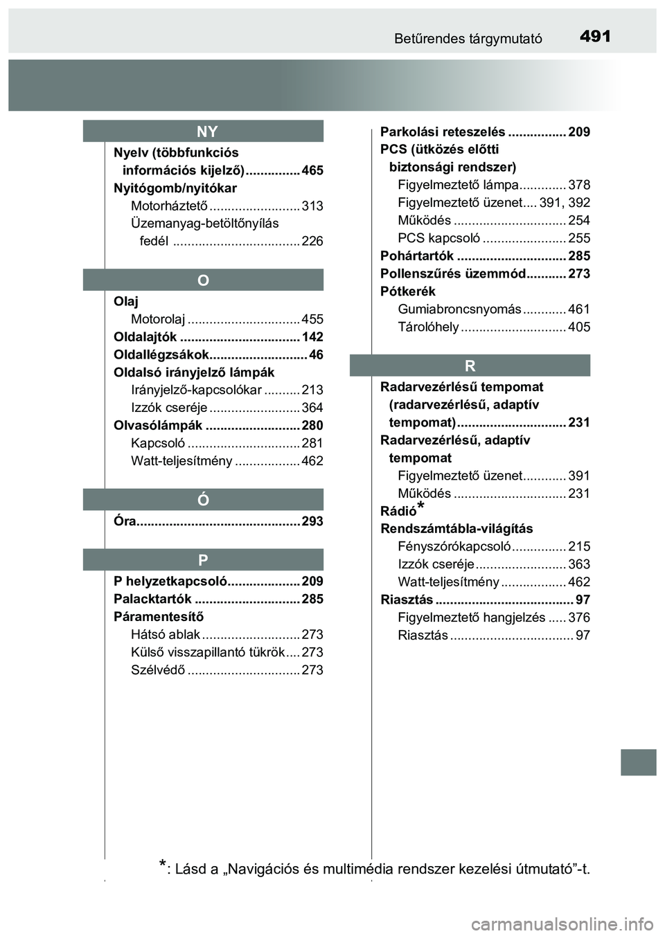 TOYOTA PRIUS PLUS 2014  Kezelési útmutató (in Hungarian) 491Betűrendes tárgymutató
Nyelv (többfunkciós 
információs kijelző) ............... 465
Nyitógomb/nyitókar
Motorháztető......................... 313
Üzemanyag-betöltőnyílás 
fedél ..