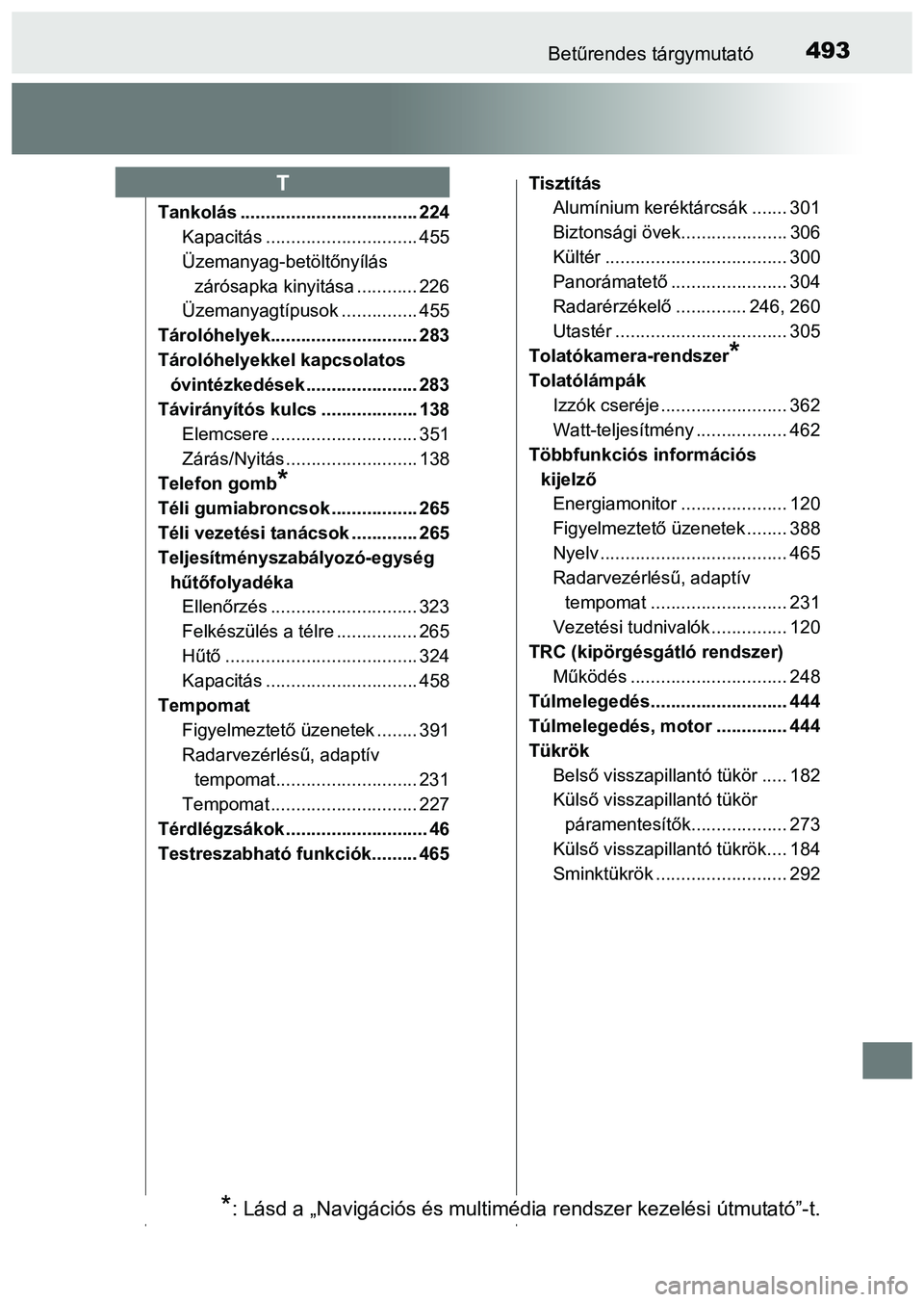 TOYOTA PRIUS PLUS 2014  Kezelési útmutató (in Hungarian) 493Betűrendes tárgymutató
Tankolás ................................... 224
Kapacitás .............................. 455
Üzemanyag-betöltőnyílás 
zárósapka kinyitása ............ 226
Üzem