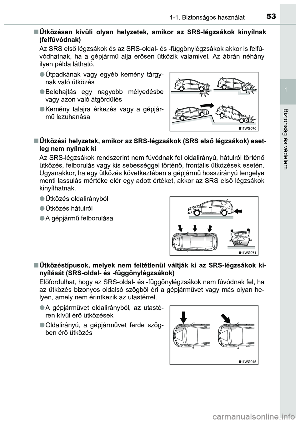 TOYOTA PRIUS PLUS 2014 Kezelési útmutató (in Hungarian) 531-1. Biztonságos használat
1
Biztonság és védelem
Ütközésen kívüli olyan helyzetek, amikor az SRS-légzsákok kinyílnak
(felfúvódnak)
Az SRS első légzsákok és az SRS-oldal- és - TOYOTA PRIUS PLUS 2014 Kezelési útmutató (in Hungarian) 531-1. Biztonságos használat
1
Biztonság és védelem
Ütközésen kívüli olyan helyzetek, amikor az SRS-légzsákok kinyílnak
(felfúvódnak)
Az SRS első légzsákok és az SRS-oldal- és -