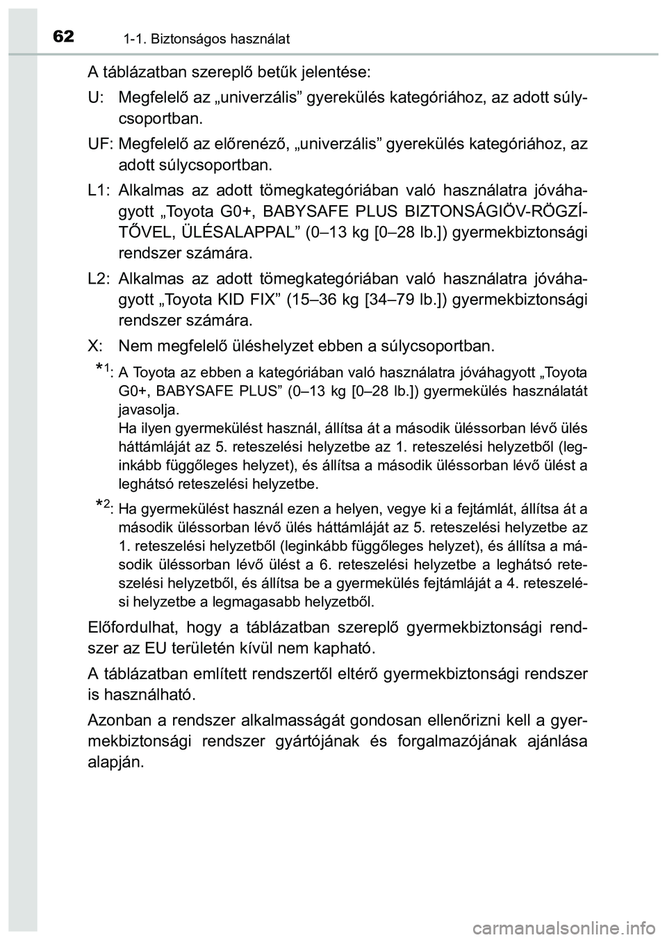 TOYOTA PRIUS PLUS 2014 Kezelési útmutató (in Hungarian) 621-1. Biztonságos használat
A táblázatban szereplő betűk jelentése:
U: Megfelelő az „univerzális” gyerekülés kategóriához, az adott súly-
csoportban.
UF: Megfelelő az előrenéző, TOYOTA PRIUS PLUS 2014 Kezelési útmutató (in Hungarian) 621-1. Biztonságos használat
A táblázatban szereplő betűk jelentése:
U: Megfelelő az „univerzális” gyerekülés kategóriához, az adott súly-
csoportban.
UF: Megfelelő az előrenéző,