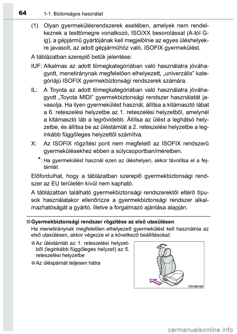 TOYOTA PRIUS PLUS 2014 Kezelési útmutató (in Hungarian) 641-1. Biztonságos használat
(1) Olyan gyermekülésrendszerek esetében, amelyek nem rendel-
keznek a testtömegre vonatkozó, ISO/XX besorolással (A-tól G-
ig), a gépjármű gyártójának kell TOYOTA PRIUS PLUS 2014 Kezelési útmutató (in Hungarian) 641-1. Biztonságos használat
(1) Olyan gyermekülésrendszerek esetében, amelyek nem rendel-
keznek a testtömegre vonatkozó, ISO/XX besorolással (A-tól G-
ig), a gépjármű gyártójának kell