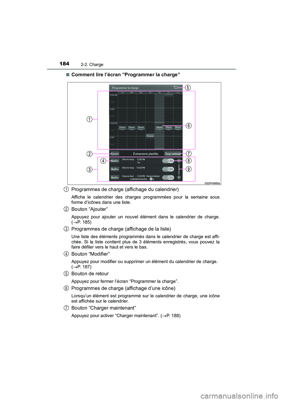 TOYOTA PRIUS PRIME 2021 Manuel du propriétaire (in French) 184
PRIUS PRIME_OM_OM47D71D_(D)
2-2. Charge
■Comment lire l’écran “Programmer la charge”
Programmes de charge (affichage du calendrier)
Affiche le calendrier des charges programmées po TOYOTA PRIUS PRIME 2021 Manuel du propriétaire (in French) 184
PRIUS PRIME_OM_OM47D71D_(D)
2-2. Charge
■Comment lire l’écran “Programmer la charge”
Programmes de charge (affichage du calendrier)
Affiche le calendrier des charges programmées po