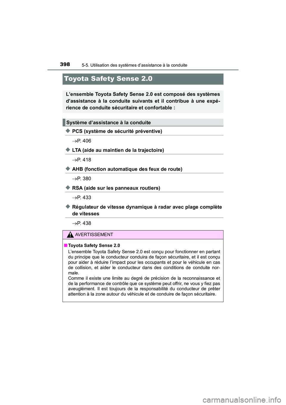 TOYOTA PRIUS PRIME 2021 Manuel du propriétaire (in French) 398
PRIUS PRIME_OM_OM47D71D_(D)
5-5. Utilisation des systèmes d’assistance à la conduite
Toyota Safety Sense 2.0
◆PCS (système de sécurité préventive)
P. 4 0 6
◆LTA (aide au maintien TOYOTA PRIUS PRIME 2021 Manuel du propriétaire (in French) 398
PRIUS PRIME_OM_OM47D71D_(D)
5-5. Utilisation des systèmes d’assistance à la conduite
Toyota Safety Sense 2.0
◆PCS (système de sécurité préventive)
P. 4 0 6
◆LTA (aide au maintien