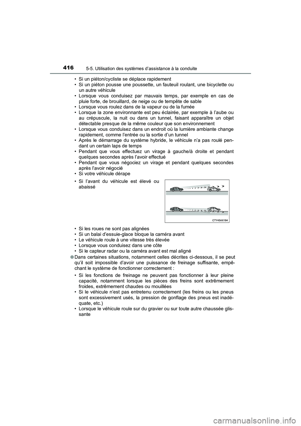 TOYOTA PRIUS PRIME 2021 Manuel du propriétaire (in French) 416
PRIUS PRIME_OM_OM47D71D_(D)
5-5. Utilisation des systèmes d’assistance à la conduite
• Si un piéton/cycliste se déplace rapidement
• Si un piéton pousse une poussette, un fauteuil roula TOYOTA PRIUS PRIME 2021 Manuel du propriétaire (in French) 416
PRIUS PRIME_OM_OM47D71D_(D)
5-5. Utilisation des systèmes d’assistance à la conduite
• Si un piéton/cycliste se déplace rapidement
• Si un piéton pousse une poussette, un fauteuil roula