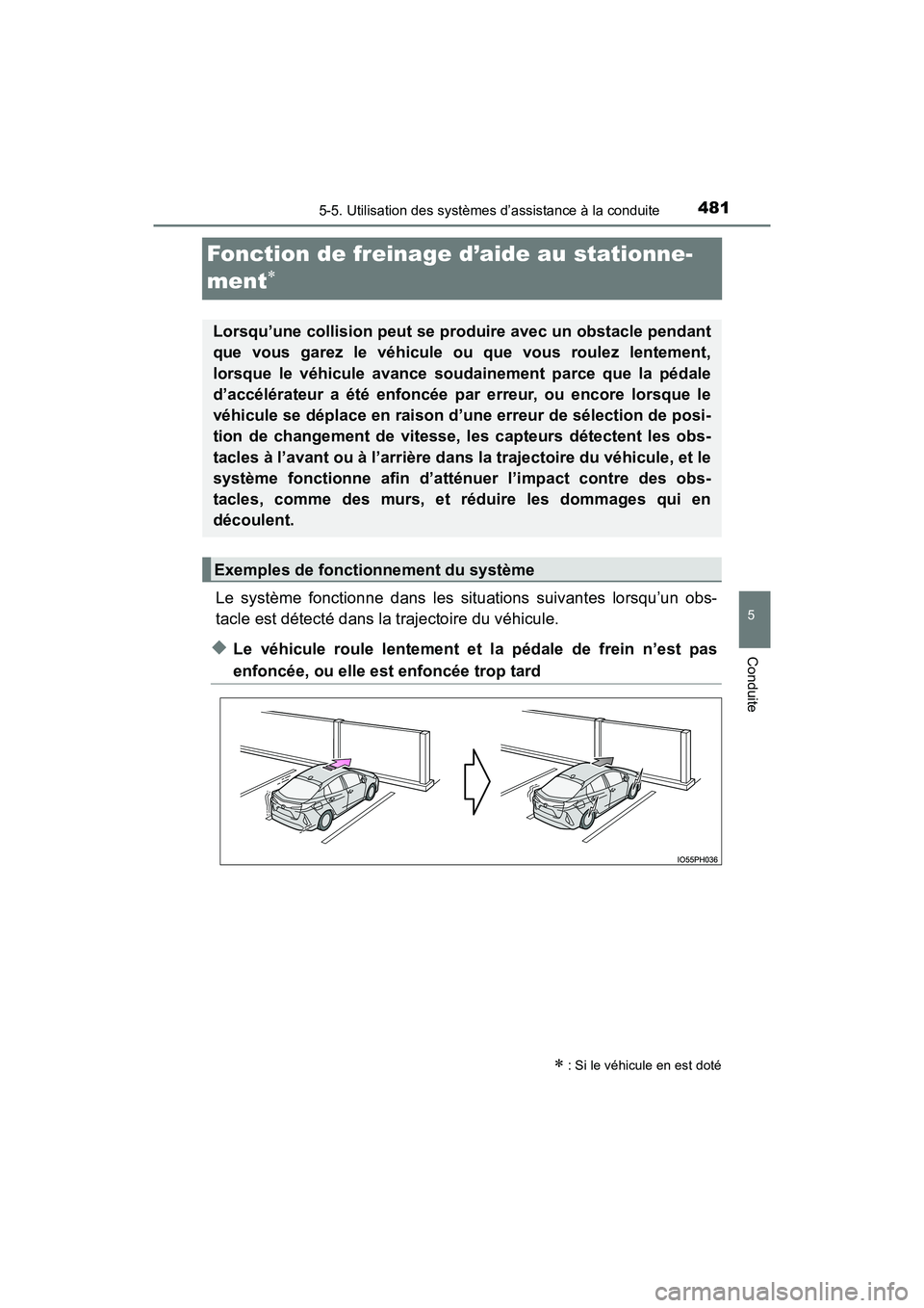TOYOTA PRIUS PRIME 2021  Manuel du propriétaire (in French) 481
PRIUS PRIME_OM_OM47D71D_(D)
5-5. Utilisation des systèmes d’assistance à la conduite
5
Conduite
Fonction de freinage d’aide au stationne-
ment

Le  système  fonctionne  dans  les  situat