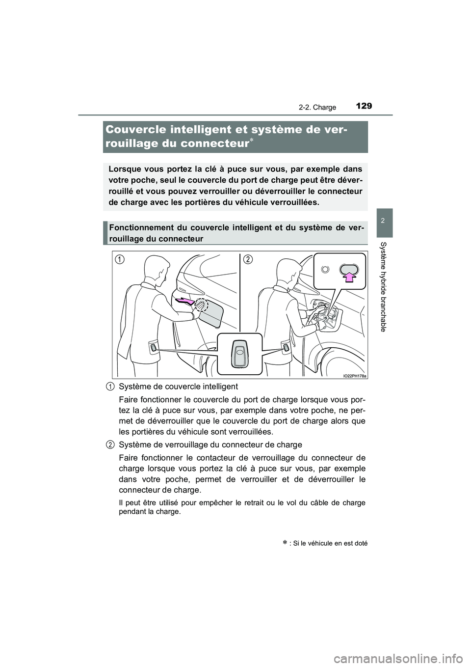 TOYOTA PRIUS PRIME 2020 Manuel du propriétaire (in French) 129
PRIUS PRIME_OM_OM47C77D_(D)
2-2. Charge
2
Système hybride branchable
Couvercle intelligent et système de ver-
rouillage du connecteur
Système de couvercle intelligent
Faire fonctionner le c TOYOTA PRIUS PRIME 2020 Manuel du propriétaire (in French) 129
PRIUS PRIME_OM_OM47C77D_(D)
2-2. Charge
2
Système hybride branchable
Couvercle intelligent et système de ver-
rouillage du connecteur
Système de couvercle intelligent
Faire fonctionner le c