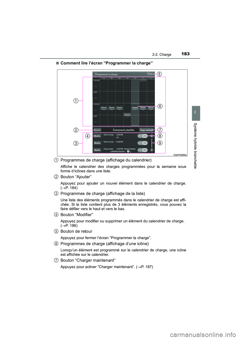 TOYOTA PRIUS PRIME 2020 Manuel du propriétaire (in French) PRIUS PRIME_OM_OM47C77D_(D)
1832-2. Charge
2
Système hybride branchable
■Comment lire l’écran “Programmer la charge”
Programmes de charge (affichage du calendrier)
Affiche le calendrier des TOYOTA PRIUS PRIME 2020 Manuel du propriétaire (in French) PRIUS PRIME_OM_OM47C77D_(D)
1832-2. Charge
2
Système hybride branchable
■Comment lire l’écran “Programmer la charge”
Programmes de charge (affichage du calendrier)
Affiche le calendrier des
