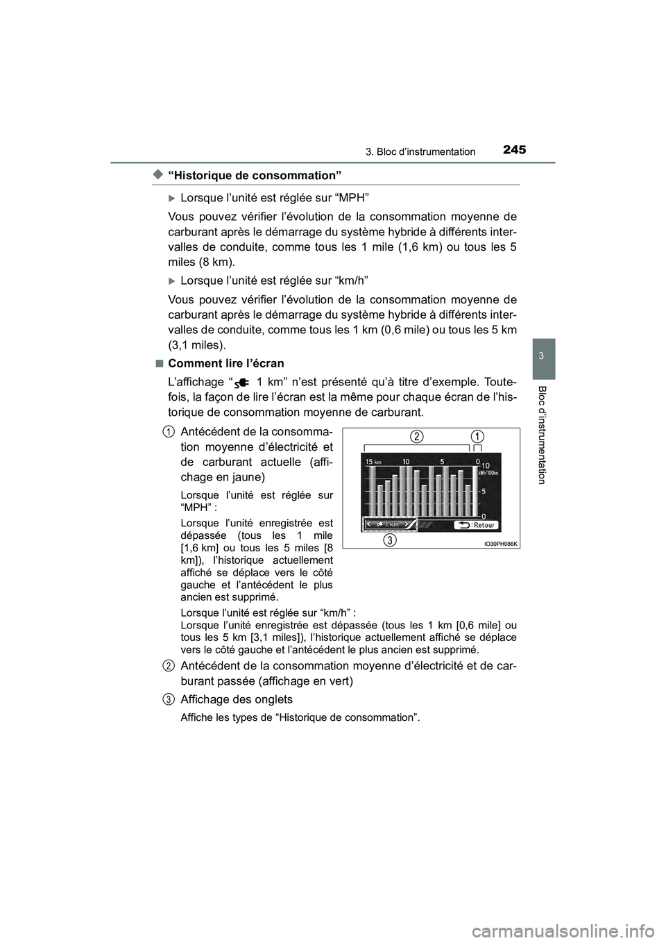 TOYOTA PRIUS PRIME 2020 Manuel du propriétaire (in French) PRIUS PRIME_OM_OM47C77D_(D)
2453. Bloc d’instrumentation
3
Bloc d’instrumentation
◆“Historique de consommation”
Lorsque l’unité est réglée sur “MPH”
Vous pouvez vérifier l’év TOYOTA PRIUS PRIME 2020 Manuel du propriétaire (in French) PRIUS PRIME_OM_OM47C77D_(D)
2453. Bloc d’instrumentation
3
Bloc d’instrumentation
◆“Historique de consommation”
Lorsque l’unité est réglée sur “MPH”
Vous pouvez vérifier l’év