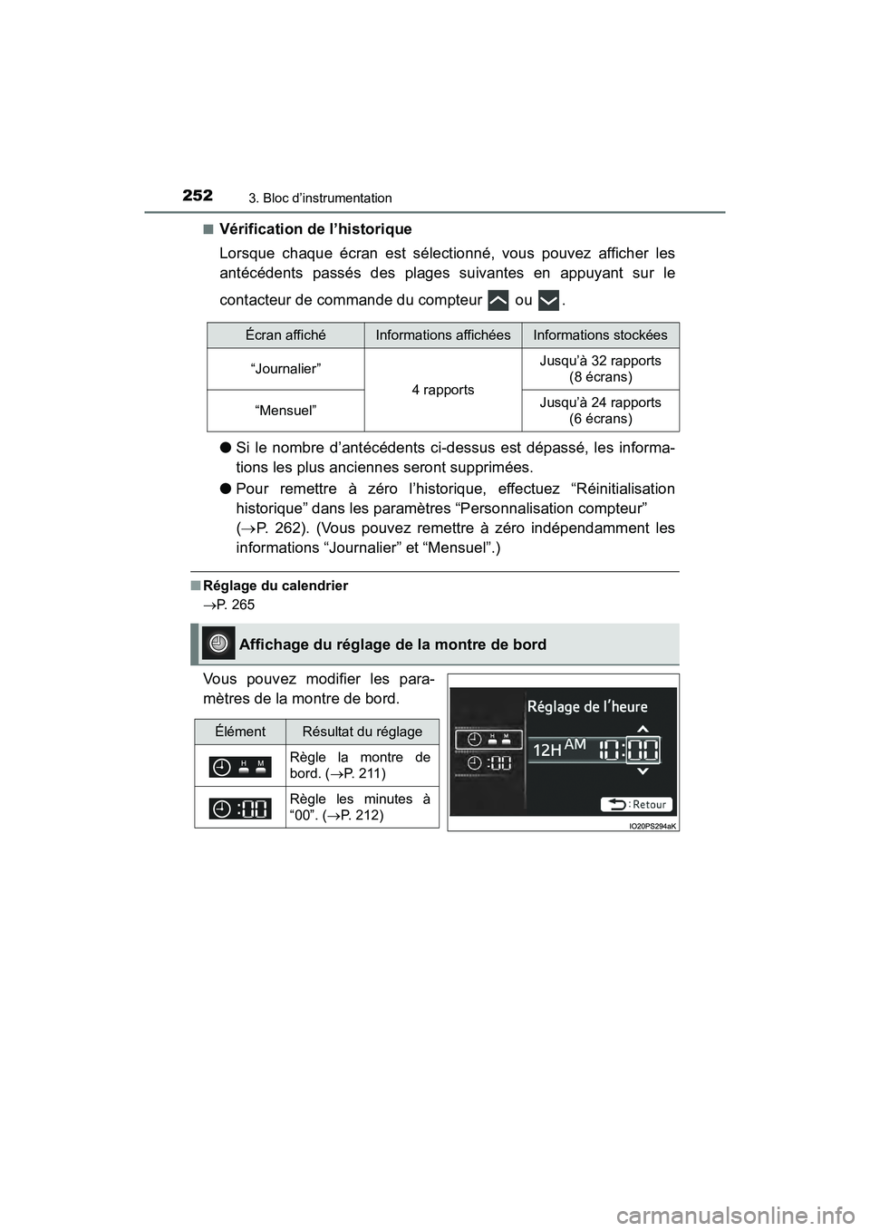 TOYOTA PRIUS PRIME 2020 Manuel du propriétaire (in French) 252
PRIUS PRIME_OM_OM47C77D_(D)
3. Bloc d’instrumentation
■Vérification de l’historique
Lorsque chaque écran est sélectionné, vous pouvez afficher les
antécédents passés des plages suivan TOYOTA PRIUS PRIME 2020 Manuel du propriétaire (in French) 252
PRIUS PRIME_OM_OM47C77D_(D)
3. Bloc d’instrumentation
■Vérification de l’historique
Lorsque chaque écran est sélectionné, vous pouvez afficher les
antécédents passés des plages suivan