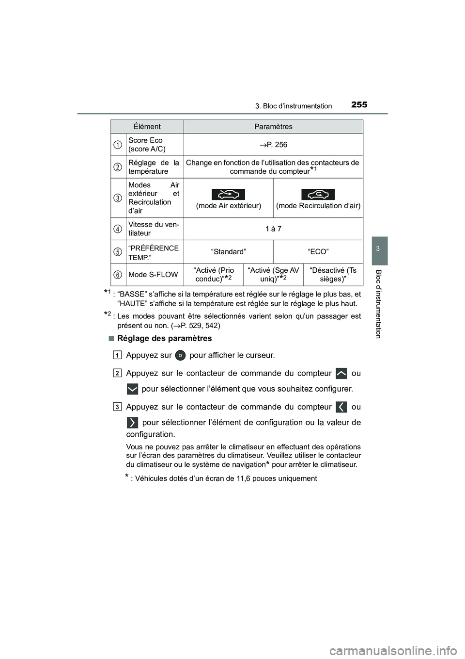 TOYOTA PRIUS PRIME 2020 Manuel du propriétaire (in French) PRIUS PRIME_OM_OM47C77D_(D)
2553. Bloc d’instrumentation
3
Bloc d’instrumentation
*1 : “BASSE” s’affiche si la température est réglée sur le réglage le plus bas, et“HAUTE” s’affich TOYOTA PRIUS PRIME 2020 Manuel du propriétaire (in French) PRIUS PRIME_OM_OM47C77D_(D)
2553. Bloc d’instrumentation
3
Bloc d’instrumentation
*1 : “BASSE” s’affiche si la température est réglée sur le réglage le plus bas, et“HAUTE” s’affich