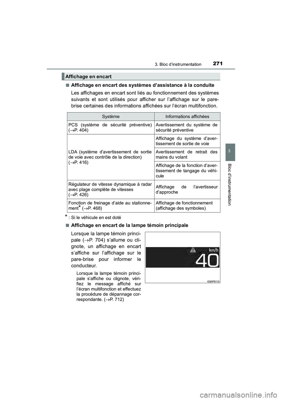 TOYOTA PRIUS PRIME 2020 Manuel du propriétaire (in French) PRIUS PRIME_OM_OM47C77D_(D)
2713. Bloc d’instrumentation
3
Bloc d’instrumentation
■Affichage en encart des systèmes d’assistance à la conduite
Les affichages en encart sont liés au fonction TOYOTA PRIUS PRIME 2020 Manuel du propriétaire (in French) PRIUS PRIME_OM_OM47C77D_(D)
2713. Bloc d’instrumentation
3
Bloc d’instrumentation
■Affichage en encart des systèmes d’assistance à la conduite
Les affichages en encart sont liés au fonction