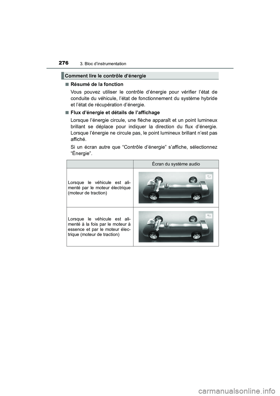 TOYOTA PRIUS PRIME 2020 Manuel du propriétaire (in French) 276
PRIUS PRIME_OM_OM47C77D_(D)
3. Bloc d’instrumentation
■Résumé de la fonction
Vous pouvez utiliser le contrôle d’énergie pour vérifier l’état de
conduite du véhicule, l’état de fo TOYOTA PRIUS PRIME 2020 Manuel du propriétaire (in French) 276
PRIUS PRIME_OM_OM47C77D_(D)
3. Bloc d’instrumentation
■Résumé de la fonction
Vous pouvez utiliser le contrôle d’énergie pour vérifier l’état de
conduite du véhicule, l’état de fo