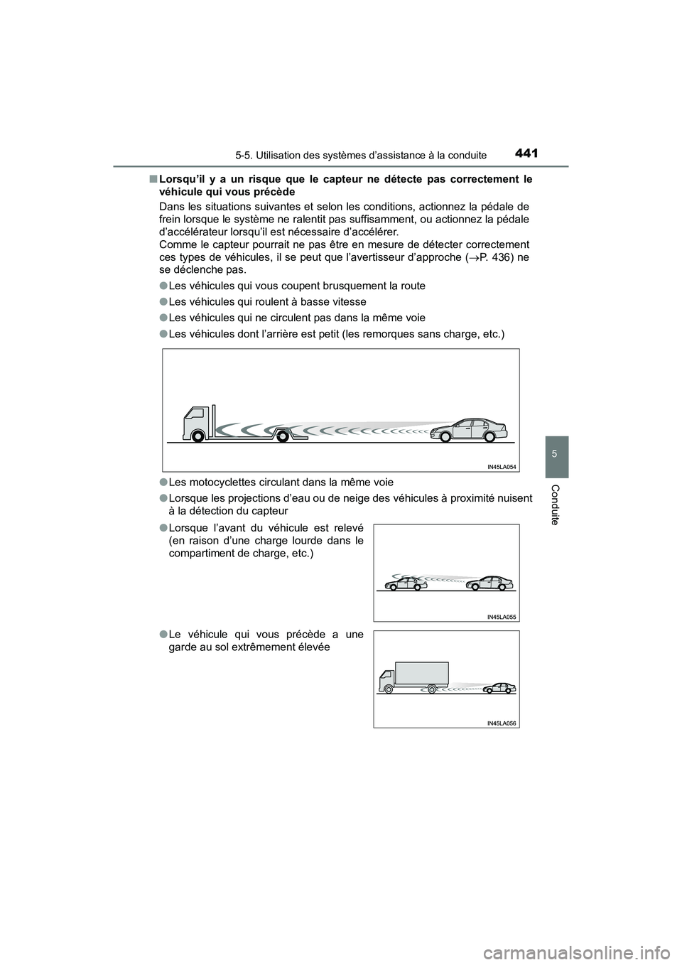 TOYOTA PRIUS PRIME 2020  Manuel du propriétaire (in French) PRIUS PRIME_OM_OM47C77D_(D)
4415-5. Utilisation des systèmes d’assistance à la conduite
5
Conduite
■Lorsqu’il y a un risque que le capteur ne détecte pas correctement le
véhicule qui vous pr