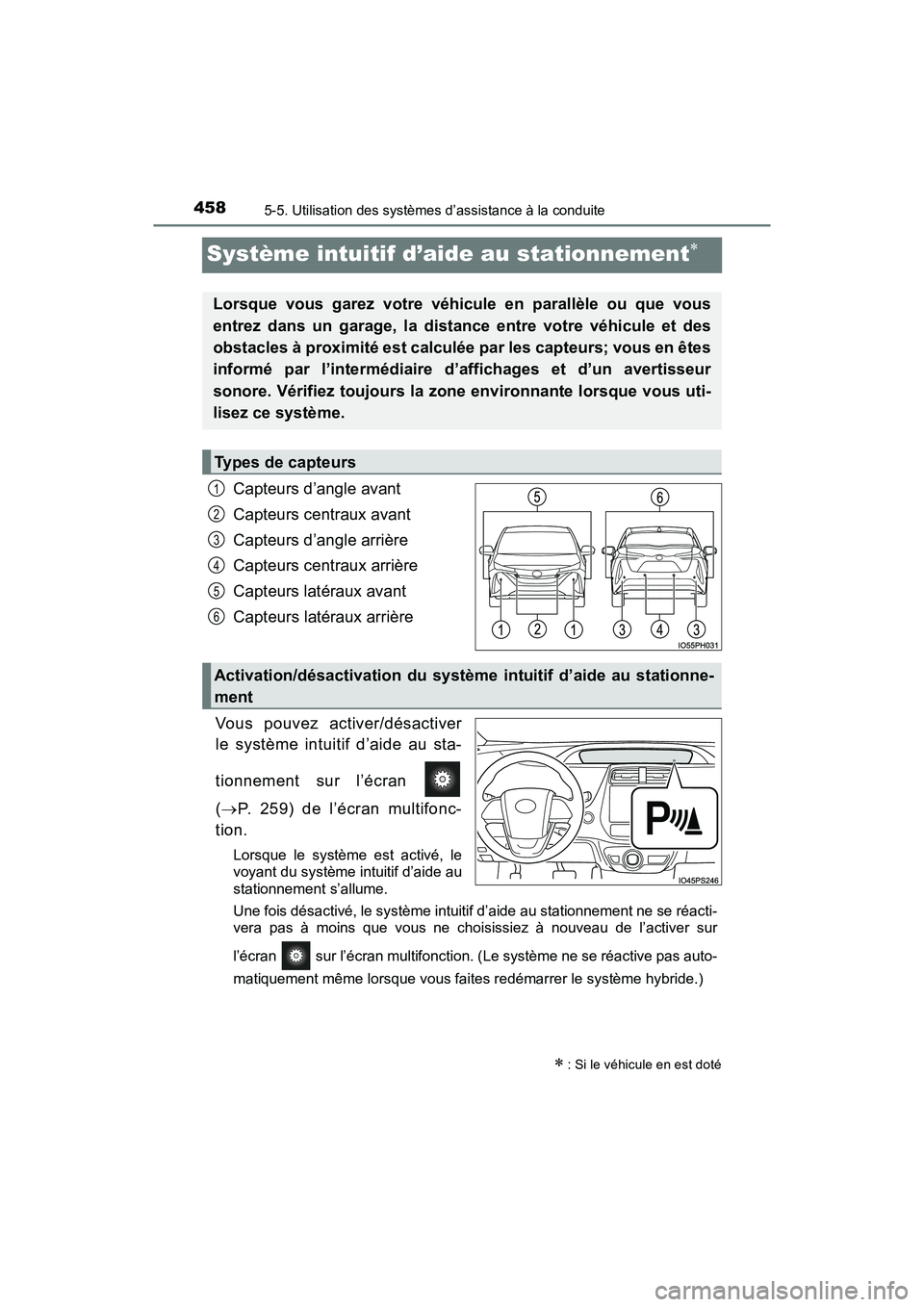 TOYOTA PRIUS PRIME 2020 Manuel du propriétaire (in French) 458
PRIUS PRIME_OM_OM47C77D_(D)
5-5. Utilisation des systèmes d’assistance à la conduite
Système intuitif d’aide au stationnement
Capteurs d’angle avant
Capteurs centraux avant
Capteurs d TOYOTA PRIUS PRIME 2020 Manuel du propriétaire (in French) 458
PRIUS PRIME_OM_OM47C77D_(D)
5-5. Utilisation des systèmes d’assistance à la conduite
Système intuitif d’aide au stationnement
Capteurs d’angle avant
Capteurs centraux avant
Capteurs d