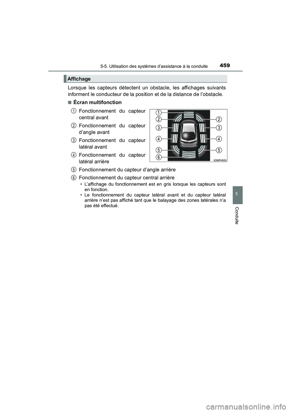 TOYOTA PRIUS PRIME 2020  Manuel du propriétaire (in French) PRIUS PRIME_OM_OM47C77D_(D)
4595-5. Utilisation des systèmes d’assistance à la conduite
5
Conduite
Lorsque les capteurs détectent un obstacle, les affichages suivants
informent le conducteur de l