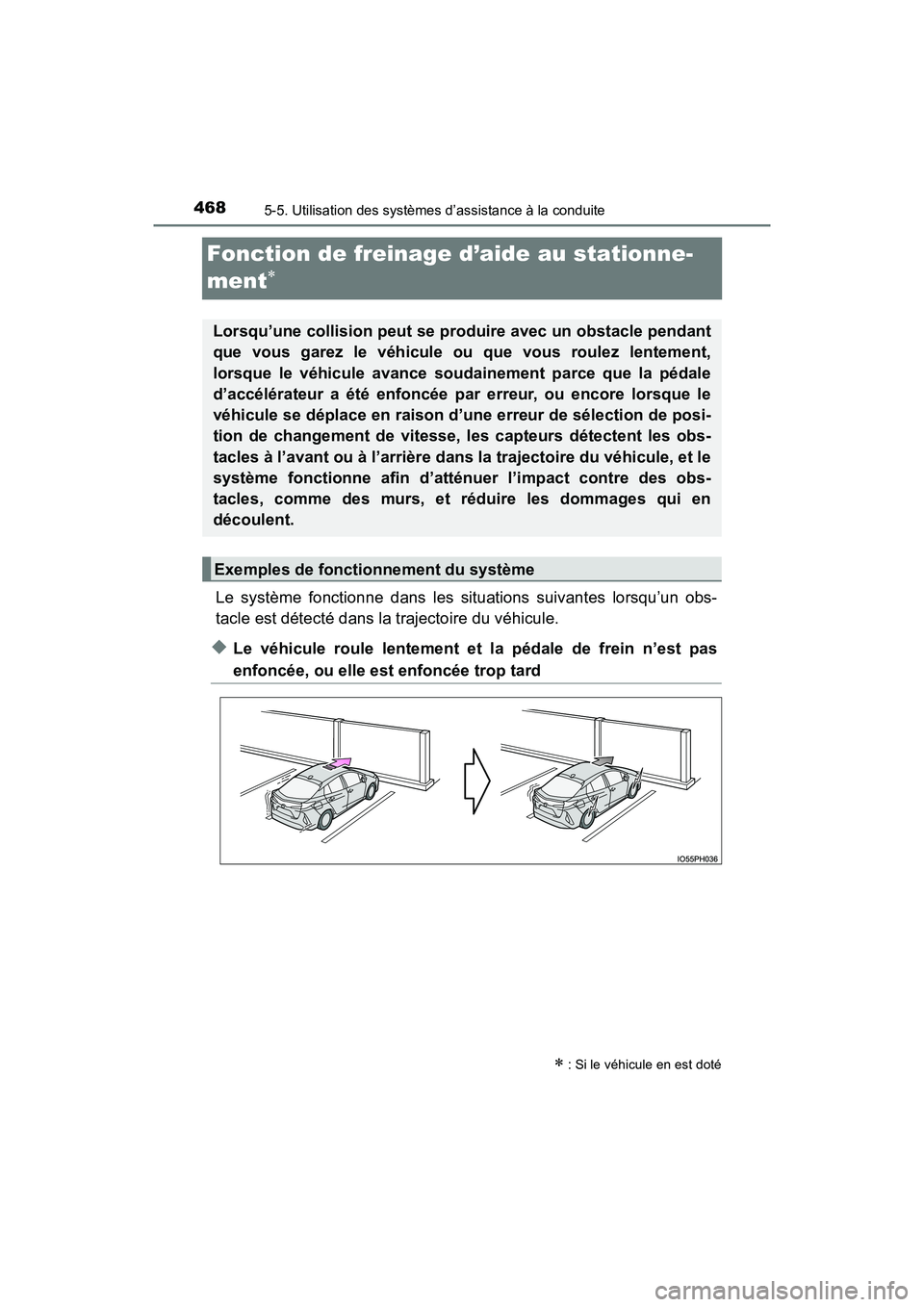 TOYOTA PRIUS PRIME 2020  Manuel du propriétaire (in French) 468
PRIUS PRIME_OM_OM47C77D_(D)
5-5. Utilisation des systèmes d’assistance à la conduite
Fonction de freinage d’aide au stationne-
ment

Le système fonctionne dans les situations suivantes l