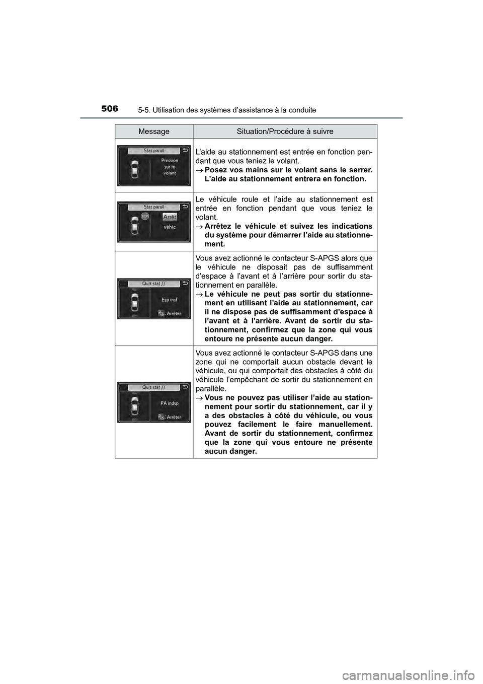 TOYOTA PRIUS PRIME 2020 Manuel du propriétaire (in French) 506
PRIUS PRIME_OM_OM47C77D_(D)
5-5. Utilisation des systèmes d’assistance à la conduite
L’aide au stationnement est entrée en fonction pen-
dant que vous teniez le volant.
Posez vos mains s TOYOTA PRIUS PRIME 2020 Manuel du propriétaire (in French) 506
PRIUS PRIME_OM_OM47C77D_(D)
5-5. Utilisation des systèmes d’assistance à la conduite
L’aide au stationnement est entrée en fonction pen-
dant que vous teniez le volant.
Posez vos mains s