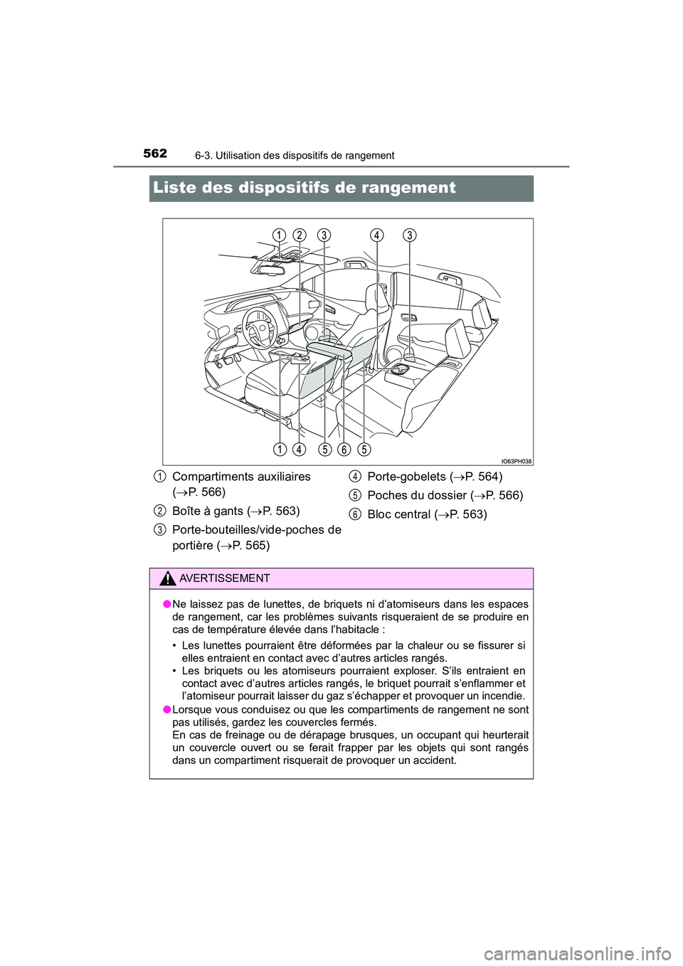 TOYOTA PRIUS PRIME 2020 Manuel du propriétaire (in French) 562
PRIUS PRIME_OM_OM47C77D_(D)
6-3. Utilisation des dispositifs de rangement
Liste des dispositifs de rangement
Compartiments auxiliaires
(P. 566)
Boîte à gants ( P. 563)
Porte-bouteilles/vi TOYOTA PRIUS PRIME 2020 Manuel du propriétaire (in French) 562
PRIUS PRIME_OM_OM47C77D_(D)
6-3. Utilisation des dispositifs de rangement
Liste des dispositifs de rangement
Compartiments auxiliaires
(P. 566)
Boîte à gants ( P. 563)
Porte-bouteilles/vi