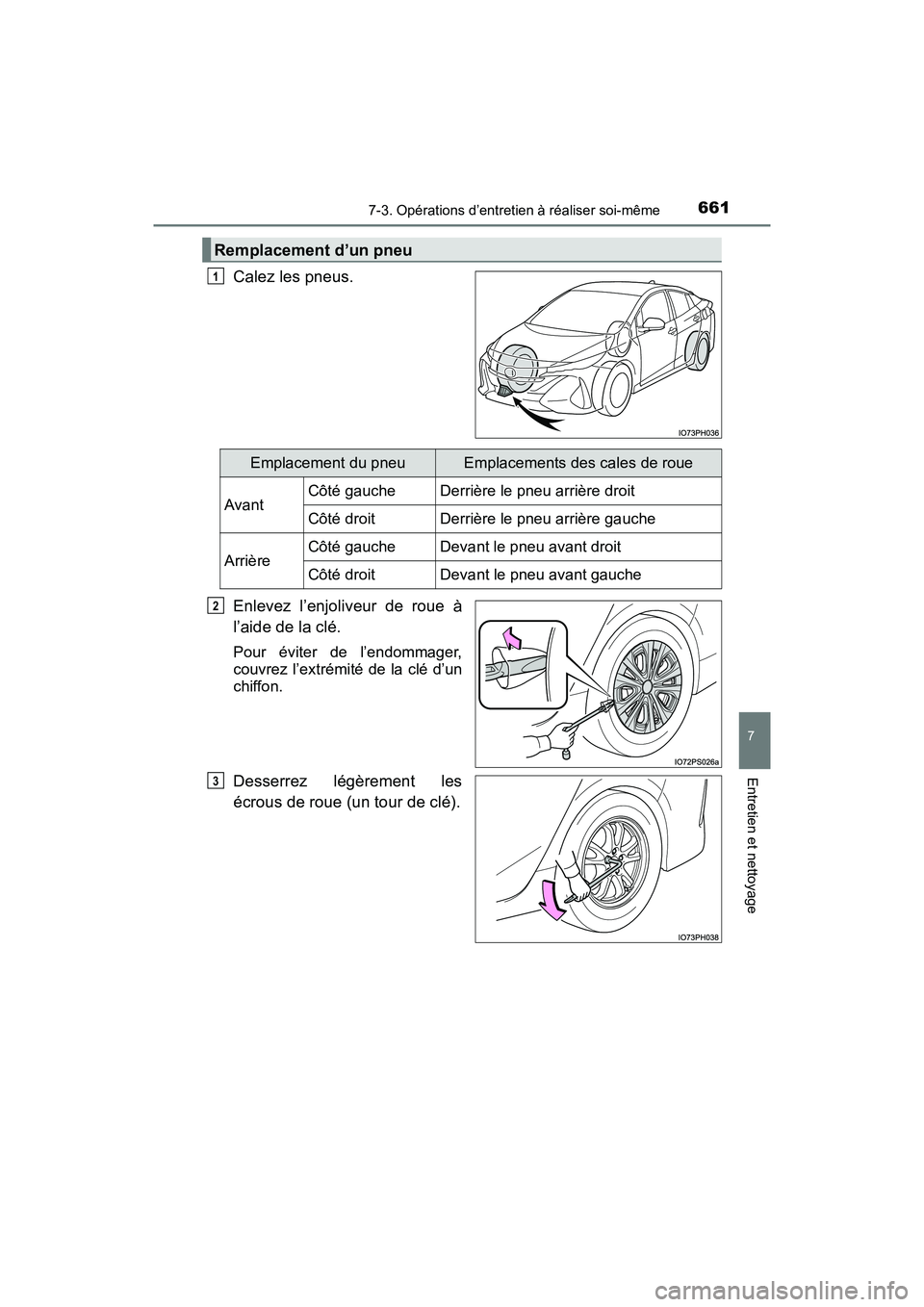 TOYOTA PRIUS PRIME 2020  Manuel du propriétaire (in French) PRIUS PRIME_OM_OM47C77D_(D)
6617-3. Opérations d’entretien à réaliser soi-même
7
Entretien et nettoyage
Calez les pneus.
Enlevez l’enjoliveur de roue à
l’aide de la clé.
Pour éviter de l