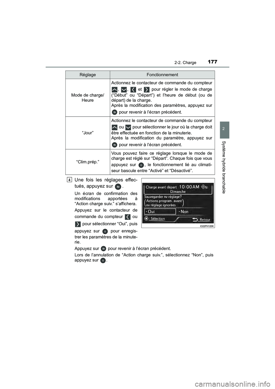 TOYOTA PRIUS PRIME 2019 Manuel du propriétaire (in French) PRIUS PRIME_OM_OM47D13D_(D)
1772-2. Charge
2
Système hybride branchable
Une fois les réglages effec-
tués, appuyez sur .
Un écran de confirmation des
modifications apportées à
“Action charge TOYOTA PRIUS PRIME 2019 Manuel du propriétaire (in French) PRIUS PRIME_OM_OM47D13D_(D)
1772-2. Charge
2
Système hybride branchable
Une fois les réglages effec-
tués, appuyez sur .
Un écran de confirmation des
modifications apportées à
“Action charge
