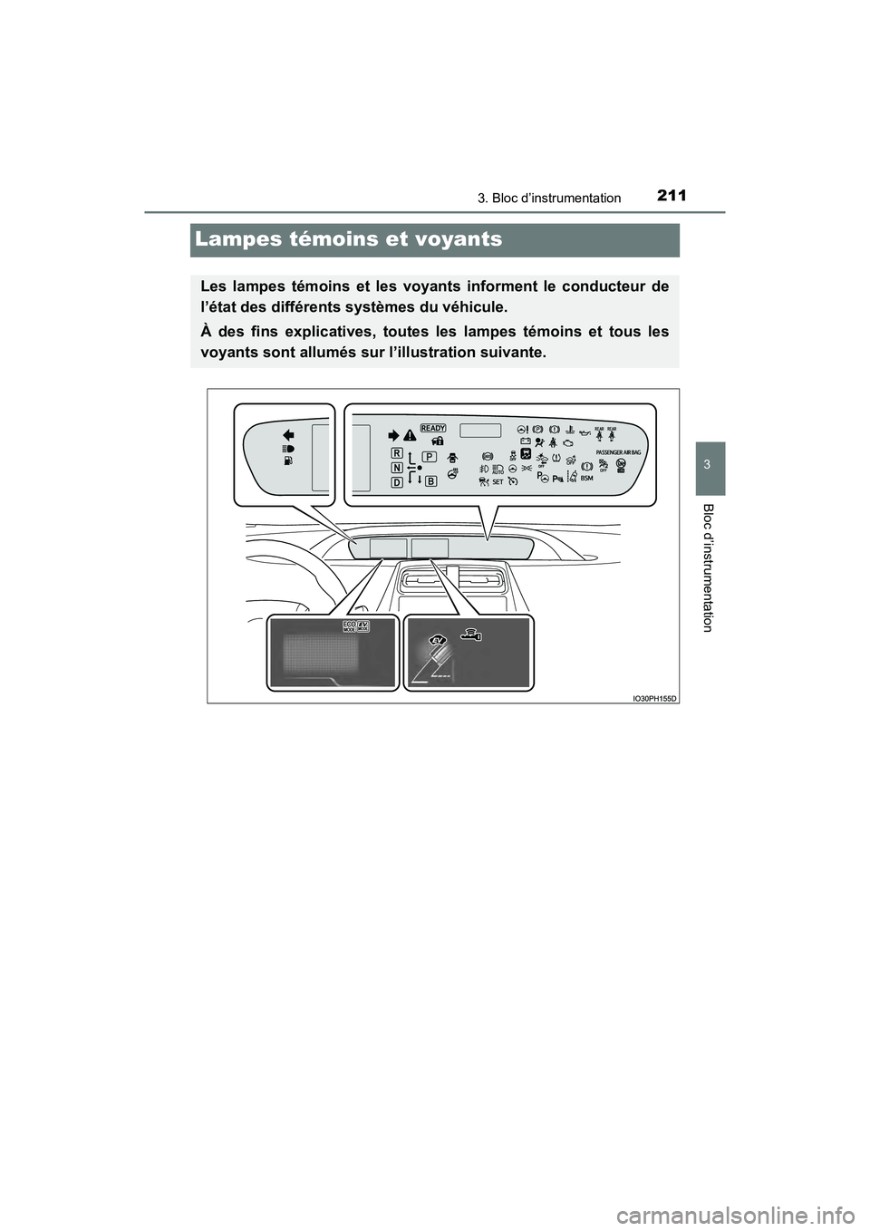TOYOTA PRIUS PRIME 2019 Manuel du propriétaire (in French) 211
PRIUS PRIME_OM_OM47D13D_(D)
3. Bloc d’instrumentation
3
Bloc d’instrumentation
Lampes témoins et voyants
Les lampes témoins et les voyants informent le conducteur de
l’état des différent TOYOTA PRIUS PRIME 2019 Manuel du propriétaire (in French) 211
PRIUS PRIME_OM_OM47D13D_(D)
3. Bloc d’instrumentation
3
Bloc d’instrumentation
Lampes témoins et voyants
Les lampes témoins et les voyants informent le conducteur de
l’état des différent