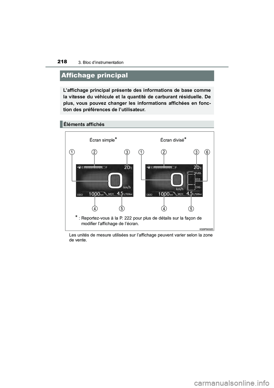 TOYOTA PRIUS PRIME 2019 Manuel du propriétaire (in French) 218
PRIUS PRIME_OM_OM47D13D_(D)
3. Bloc d’instrumentation
Affichage principal
Les unités de mesure utilisées sur l’affichage peuvent varier selon la zone
de vente.
L’affichage principal prése TOYOTA PRIUS PRIME 2019 Manuel du propriétaire (in French) 218
PRIUS PRIME_OM_OM47D13D_(D)
3. Bloc d’instrumentation
Affichage principal
Les unités de mesure utilisées sur l’affichage peuvent varier selon la zone
de vente.
L’affichage principal prése