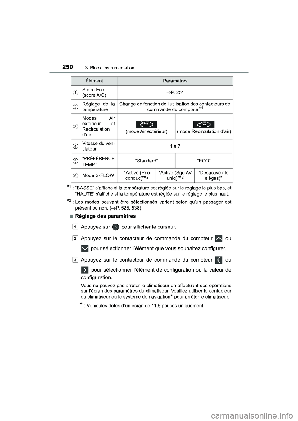 TOYOTA PRIUS PRIME 2019  Manuel du propriétaire (in French) 250
PRIUS PRIME_OM_OM47D13D_(D)
3. Bloc d’instrumentation
*1 : “BASSE” s’affiche si la température est réglée sur le réglage le plus bas, et“HAUTE” s’affiche si la température est r