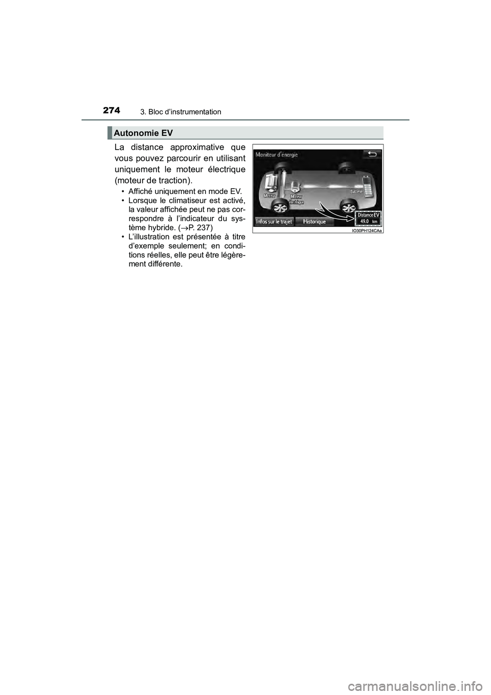 TOYOTA PRIUS PRIME 2019 Manuel du propriétaire (in French) 274
PRIUS PRIME_OM_OM47D13D_(D)
3. Bloc d’instrumentation
La distance approximative que
vous pouvez parcourir en utilisant
uniquement le moteur électrique
(moteur de traction).
• Affiché uniquem TOYOTA PRIUS PRIME 2019 Manuel du propriétaire (in French) 274
PRIUS PRIME_OM_OM47D13D_(D)
3. Bloc d’instrumentation
La distance approximative que
vous pouvez parcourir en utilisant
uniquement le moteur électrique
(moteur de traction).
• Affiché uniquem