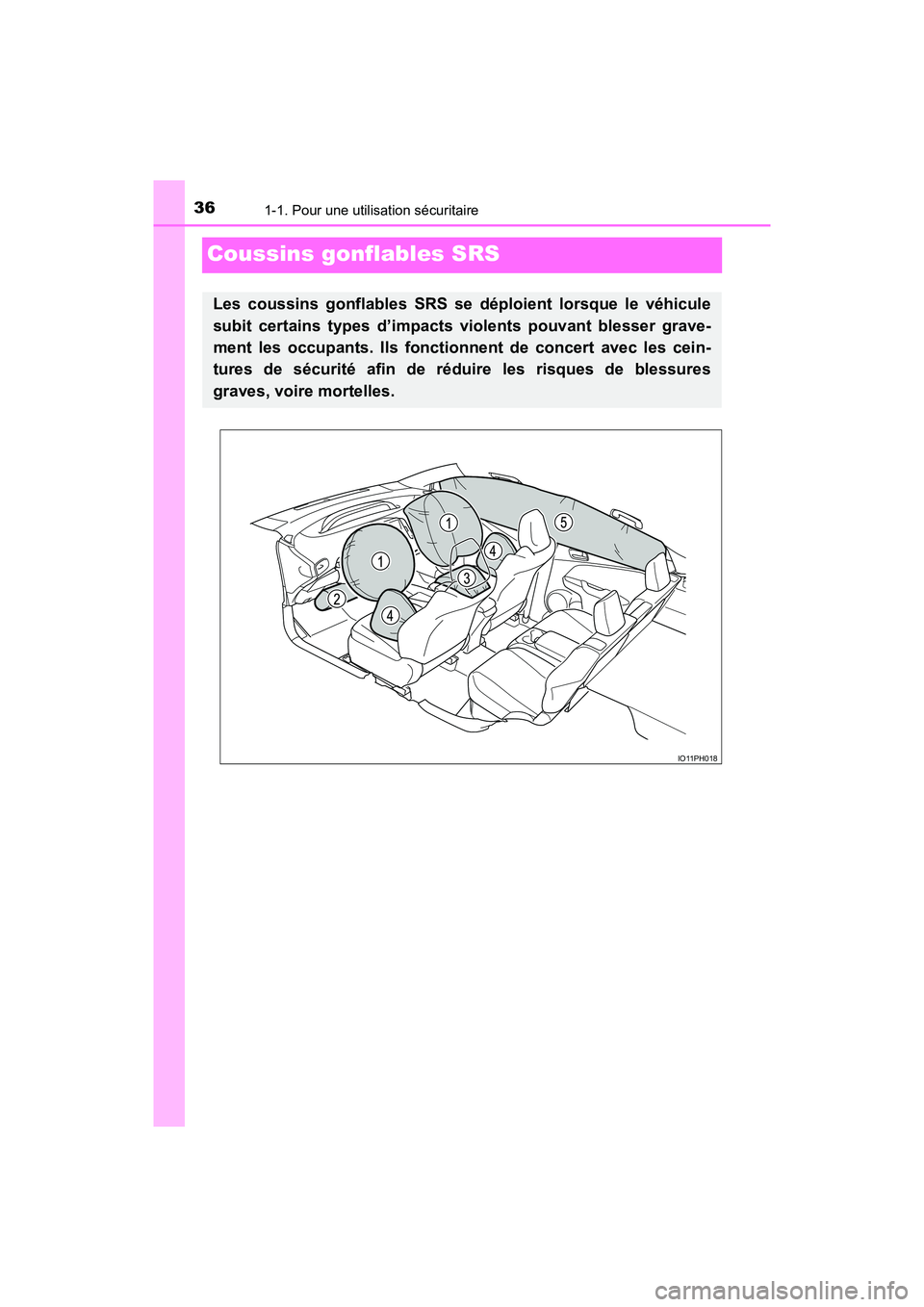 TOYOTA PRIUS PRIME 2019  Manuel du propriétaire (in French) 361-1. Pour une utilisation sécuritaire
PRIUS PRIME_OM_OM47D13D_(D)
Coussins gonflables SRS
Les coussins gonflables SRS se déploient lorsque le véhicule
subit certains types d’impacts violents po