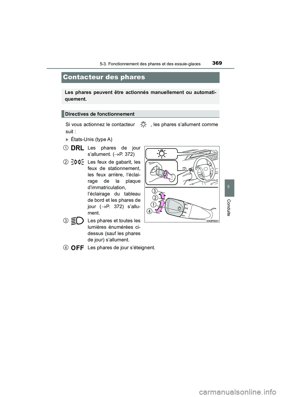 TOYOTA PRIUS PRIME 2019 Manuel du propriétaire (in French) 369
PRIUS PRIME_OM_OM47D13D_(D)
5-3. Fonctionnement des phares et des essuie-glaces
5
Conduite
Contacteur des phares
Si vous actionnez le contacteur , les phares s’allument comme
suit :
États-U TOYOTA PRIUS PRIME 2019 Manuel du propriétaire (in French) 369
PRIUS PRIME_OM_OM47D13D_(D)
5-3. Fonctionnement des phares et des essuie-glaces
5
Conduite
Contacteur des phares
Si vous actionnez le contacteur , les phares s’allument comme
suit :
États-U