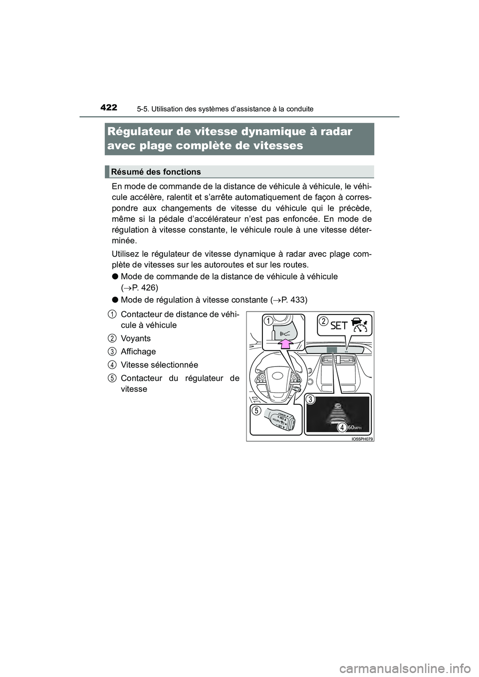 TOYOTA PRIUS PRIME 2019 Manuel du propriétaire (in French) 422
PRIUS PRIME_OM_OM47D13D_(D)
5-5. Utilisation des systèmes d’assistance à la conduite
Régulateur de vitesse dynamique à radar
avec plage complète de vitesses
En mode de commande de la dis TOYOTA PRIUS PRIME 2019 Manuel du propriétaire (in French) 422
PRIUS PRIME_OM_OM47D13D_(D)
5-5. Utilisation des systèmes d’assistance à la conduite
Régulateur de vitesse dynamique à radar
avec plage complète de vitesses
En mode de commande de la dis