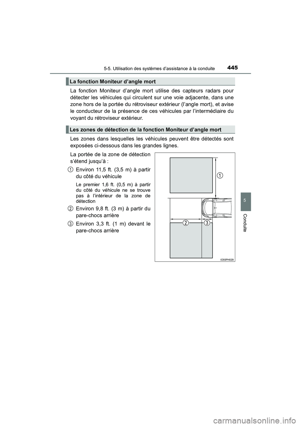 TOYOTA PRIUS PRIME 2019  Manuel du propriétaire (in French) PRIUS PRIME_OM_OM47D13D_(D)
4455-5. Utilisation des systèmes d’assistance à la conduite
5
Conduite
La fonction Moniteur d’angle mort utilise des capteurs radars pour
détecter les véhicules qui