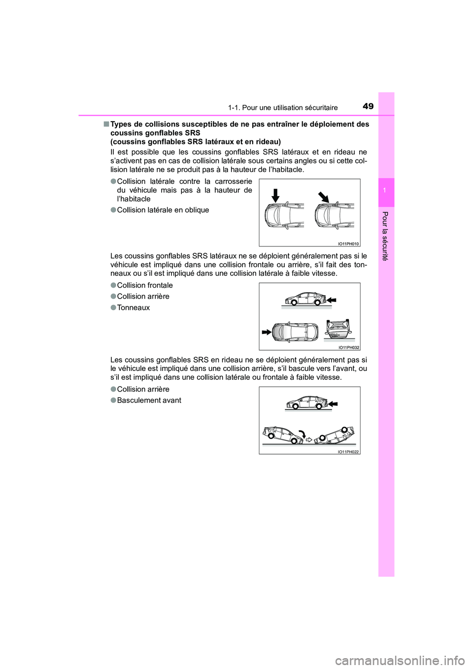 TOYOTA PRIUS PRIME 2019 Manuel du propriétaire (in French) 491-1. Pour une utilisation sécuritaire
PRIUS PRIME_OM_OM47D13D_(D)
1
Pour la sécurité
■Types de collisions susceptibles de ne pas entraîner le déploiement des
coussins gonflables SRS
(coussin TOYOTA PRIUS PRIME 2019 Manuel du propriétaire (in French) 491-1. Pour une utilisation sécuritaire
PRIUS PRIME_OM_OM47D13D_(D)
1
Pour la sécurité
■Types de collisions susceptibles de ne pas entraîner le déploiement des
coussins gonflables SRS
(coussin