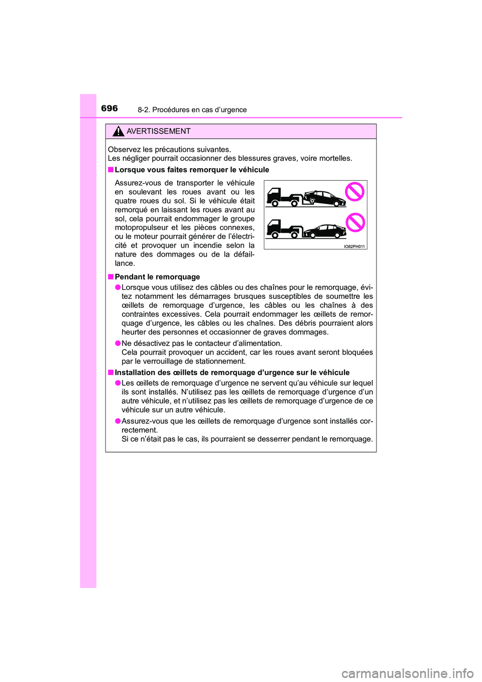 TOYOTA PRIUS PRIME 2019 Manuel du propriétaire (in French) 6968-2. Procédures en cas d’urgence
PRIUS PRIME_OM_OM47D13D_(D)
AVERTISSEMENT
Observez les précautions suivantes.
Les négliger pourrait occasionner des blessures graves, voire mortelles.
■Lors TOYOTA PRIUS PRIME 2019 Manuel du propriétaire (in French) 6968-2. Procédures en cas d’urgence
PRIUS PRIME_OM_OM47D13D_(D)
AVERTISSEMENT
Observez les précautions suivantes.
Les négliger pourrait occasionner des blessures graves, voire mortelles.
■Lors