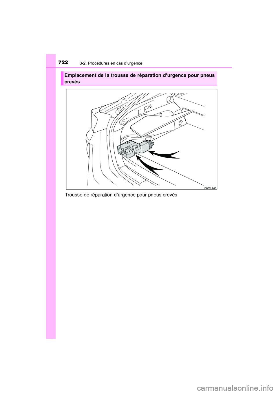 TOYOTA PRIUS PRIME 2019  Manuel du propriétaire (in French) 7228-2. Procédures en cas d’urgence
PRIUS PRIME_OM_OM47D13D_(D)
Trousse de réparation d’urgence pour pneus crevés
Emplacement de la trousse de réparation d’urgence pour pneus
crevés 