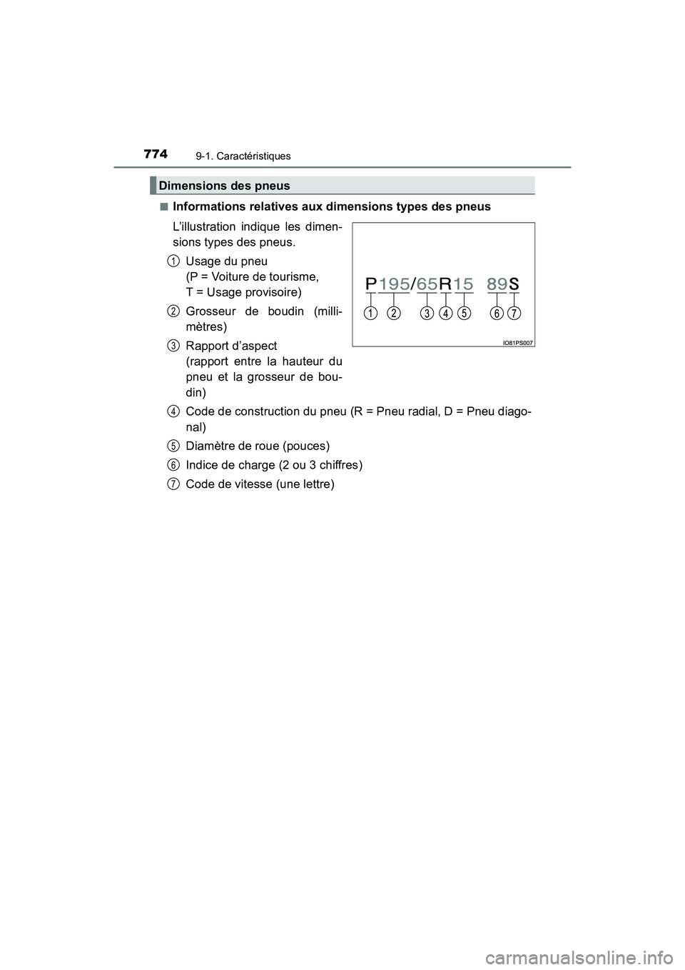 TOYOTA PRIUS PRIME 2019 Manuel du propriétaire (in French) 774
PRIUS PRIME_OM_OM47D13D_(D)
9-1. Caractéristiques
■Informations relatives aux dimensions types des pneus
L’illustration indique les dimen-
sions types des pneus.Usage du pneu
(P = Voiture de TOYOTA PRIUS PRIME 2019 Manuel du propriétaire (in French) 774
PRIUS PRIME_OM_OM47D13D_(D)
9-1. Caractéristiques
■Informations relatives aux dimensions types des pneus
L’illustration indique les dimen-
sions types des pneus.Usage du pneu
(P = Voiture de